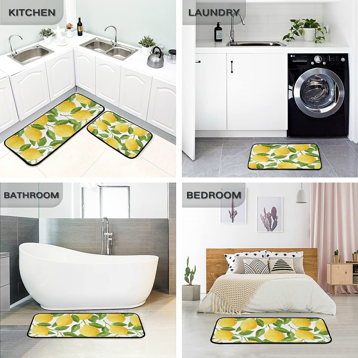 Emelivor Non-Slip Washable 2-Piece Kitchen Rug Set with Lemon Green Leaf Design - Anti-Skid Floor Mats for Home, Kitchen & Laundry Room - Perfect for Entryway, Sink Area & High-Traffic Spaces