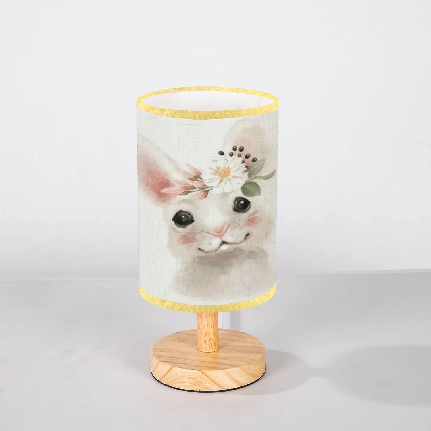 Minimalist Wooden Bedside Table Lamp with Hand-Painted Floral Bear Design - Wood Base & Flaxen Fabric Shade for Bedroom, Living Room, Nursery - Perfect Nightstand Lamp for Cozy Reading & Relaxation