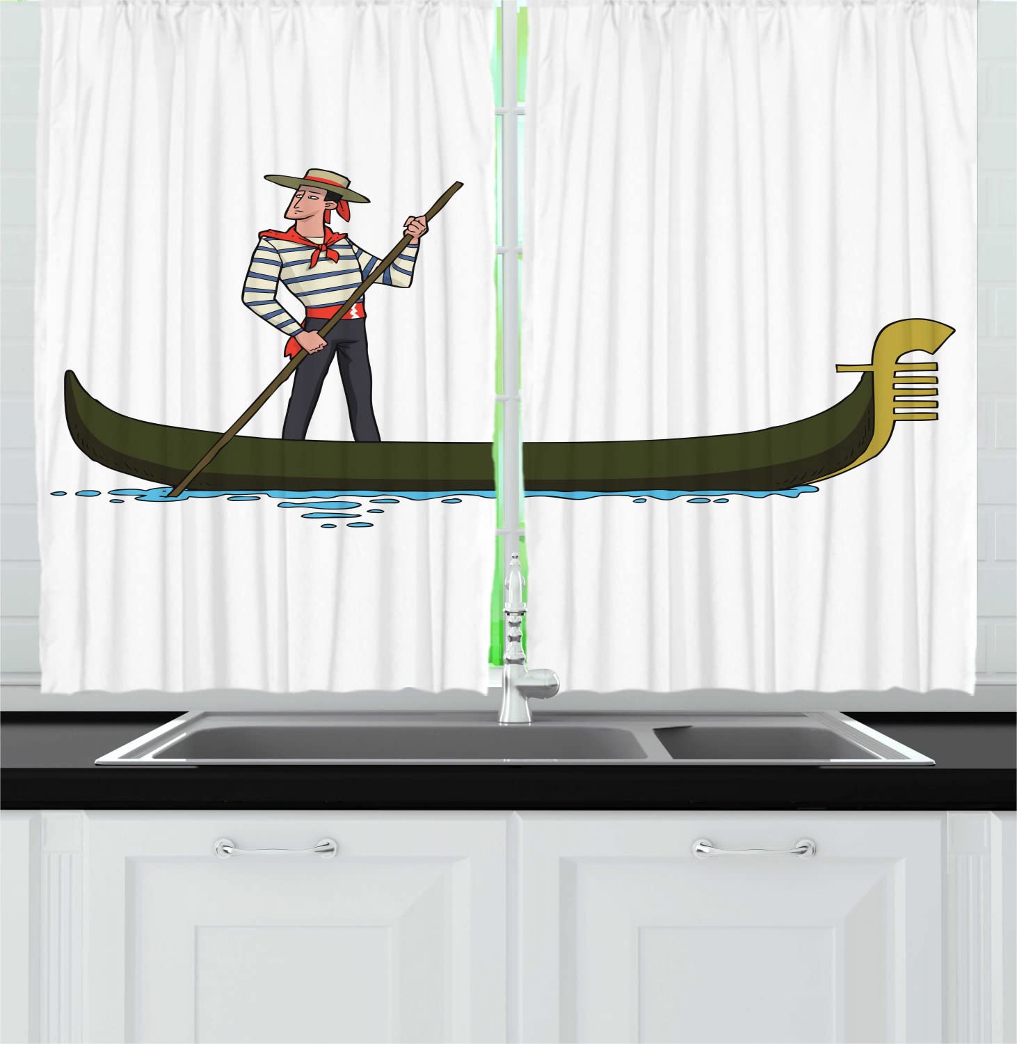 **Ambesonne Venetian Gondola Cartoon Kitchen Curtains - Romantic Venice Italy Design, Brown & White Long Drapes with Rod Pocket, 55