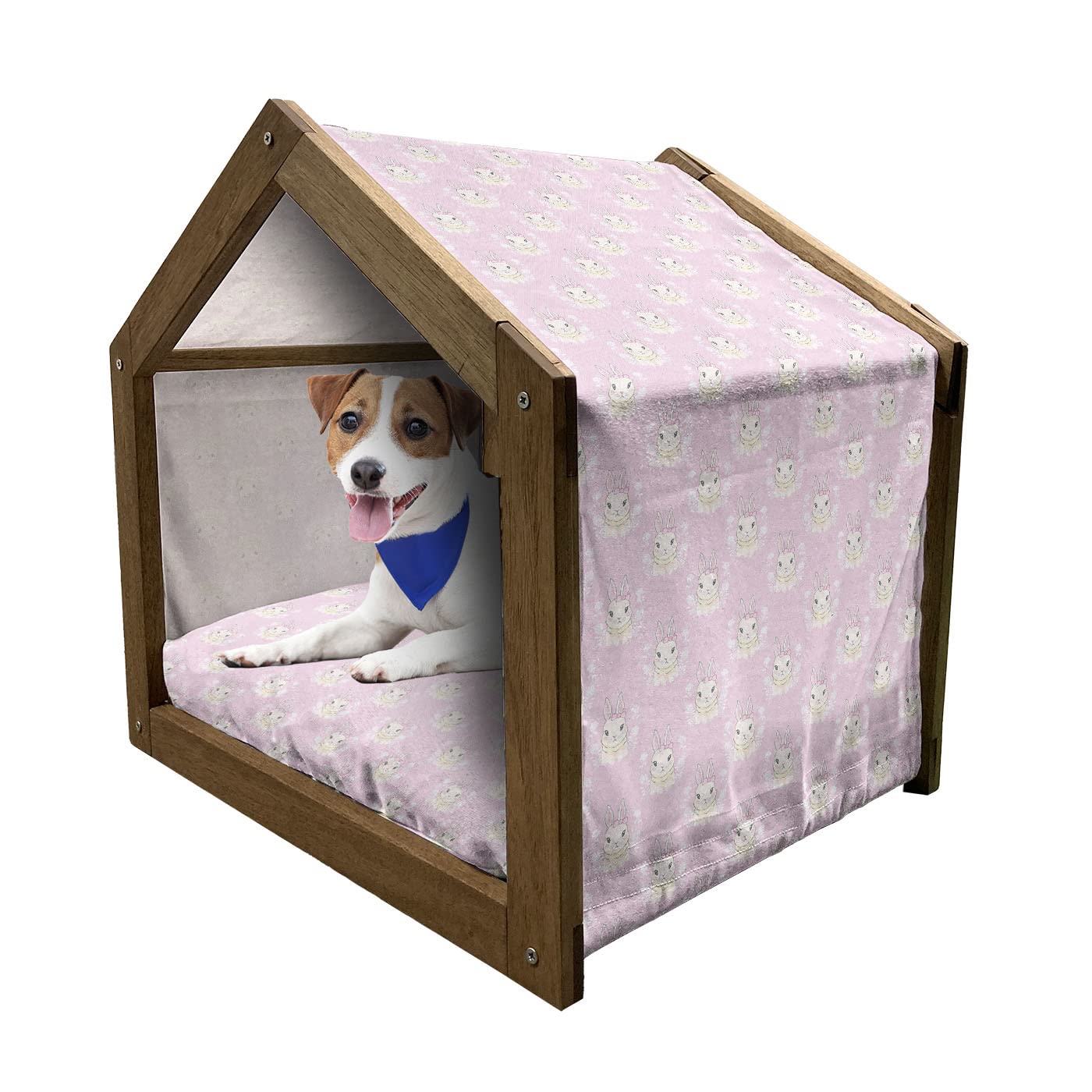 Ambesonne Easter Bunny Wooden Pet House for Small Dogs & Rabbits - Floral Spring Themed Soft Pink Indoor/Outdoor Portable Kennel with Pillow & Cover - Medium Size Rose Champagne - Perfect for Easter Decor, Garden & Home Pet Shelter