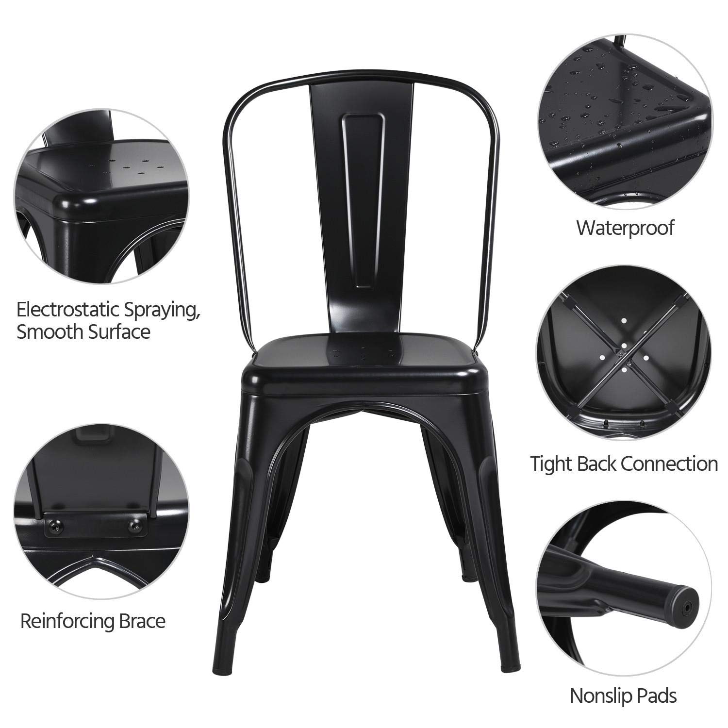 Topeakmart 4-Piece Black Metal Dining Chairs Set - High Back Industrial Style Indoor/Outdoor Bistro Chairs for Kitchen, Cafe, Bar & Patio - Comfortable & Durable Barstools for Home & Commercial Use
