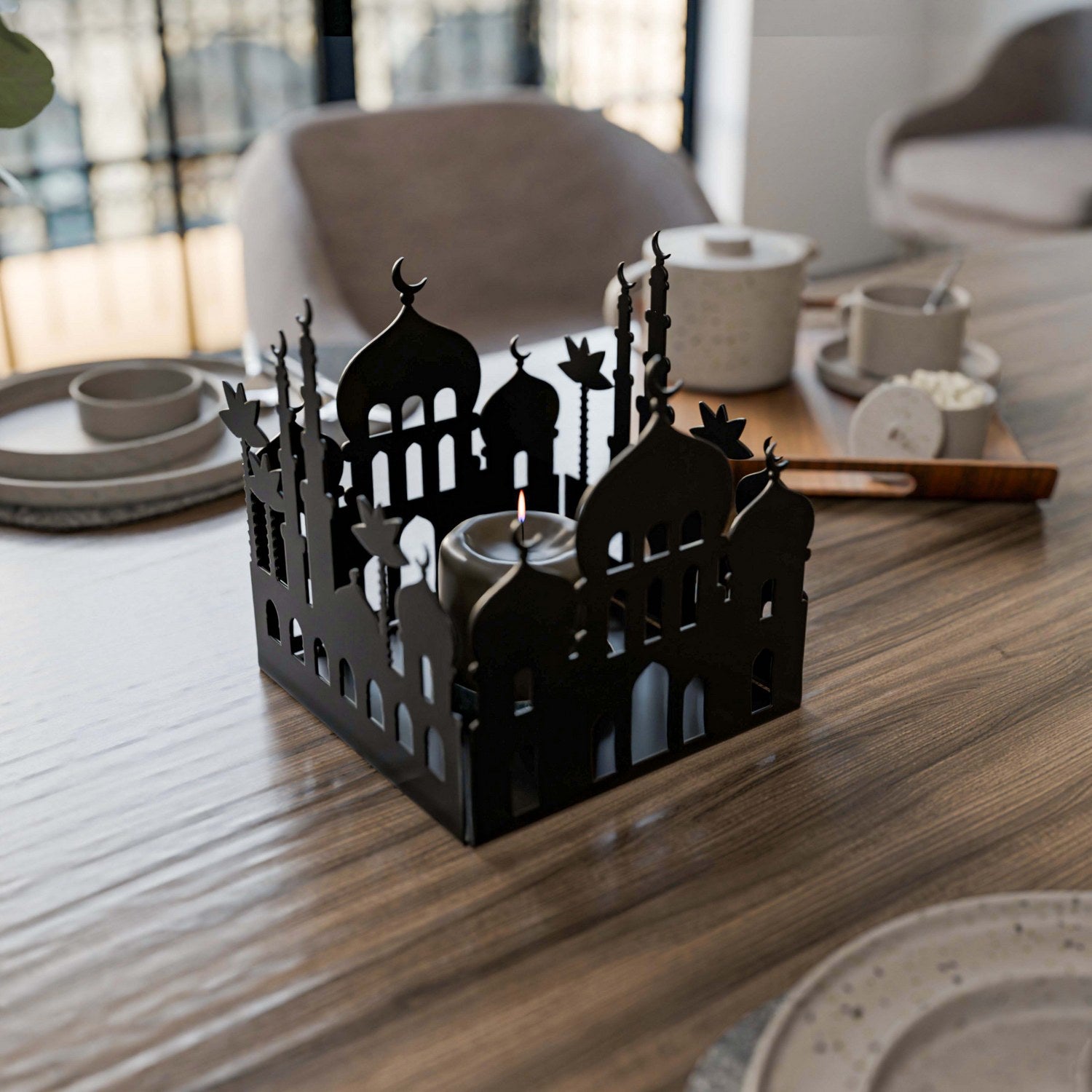 Elegant Metal Candle Holder with Masjid Motif - Islamic Home Decor for Ramadan, Eid & Prayer Room Decoration - Perfect for Muslim Households & Gift Giving