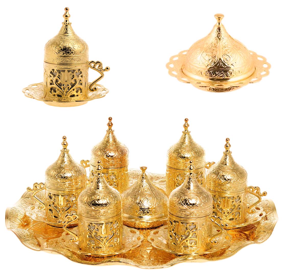 Premium 6-Piece Turkish Coffee Cup Set with Saucers & Lids - Ottoman Tulip Design (Gold/Lale) - Traditional Espresso Cups for Home, Cafe & Gift Giving