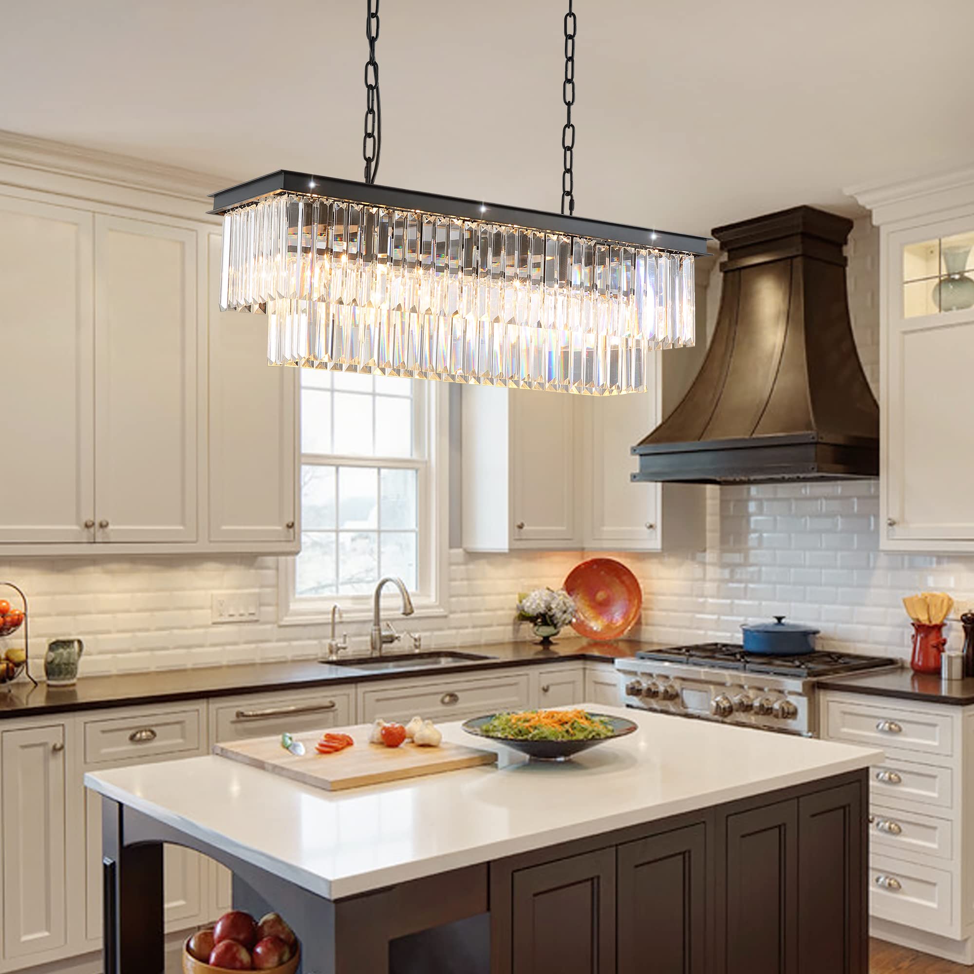 7PM 40 Inch Modern Farmhouse Chandelier - Dimmable Industrial Rectangular Hanging Light for Dining Room, Kitchen Island, Living Room & Bedroom Lighting