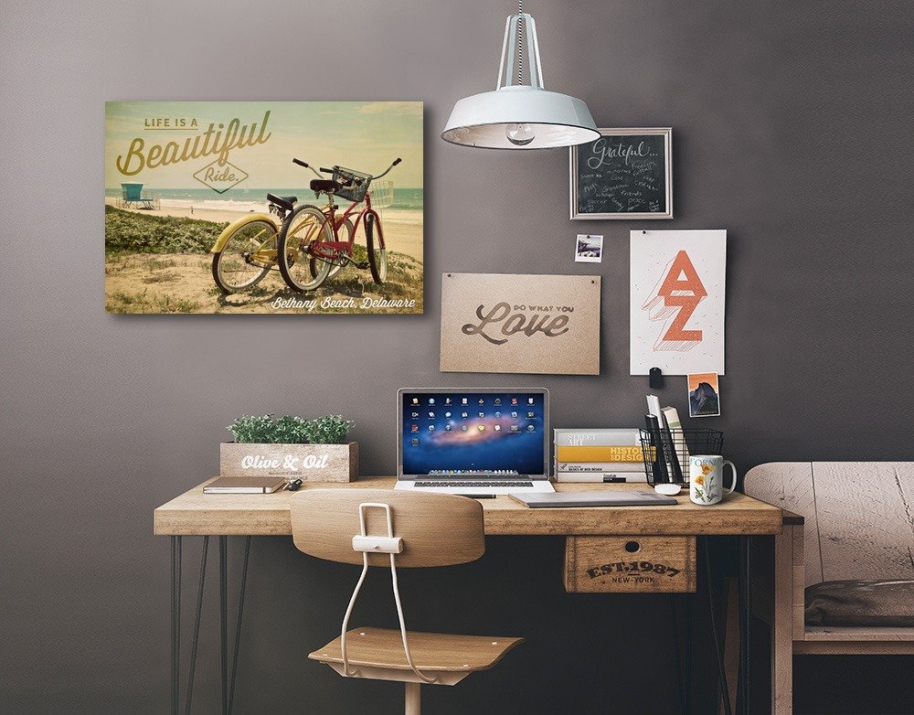 Lantern Press Bethany Beach Delaware Wall Art - 'Life is a Beautiful Ride' Beach Cruiser Painting - 24x36 Wrapped Canvas for Coastal Home Decor, Living Room & Bedroom Wall Decor - Perfect for Beach House & Vacation Home Style