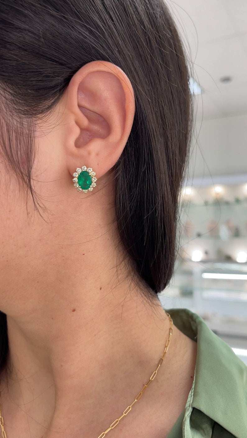 6.60tcw 18K Gold Oval Cut Emerald and Diamond Earrings for Women - Luxury Dark Rich Green Gemstone Jewelry for Weddings, Parties & Special Occasions