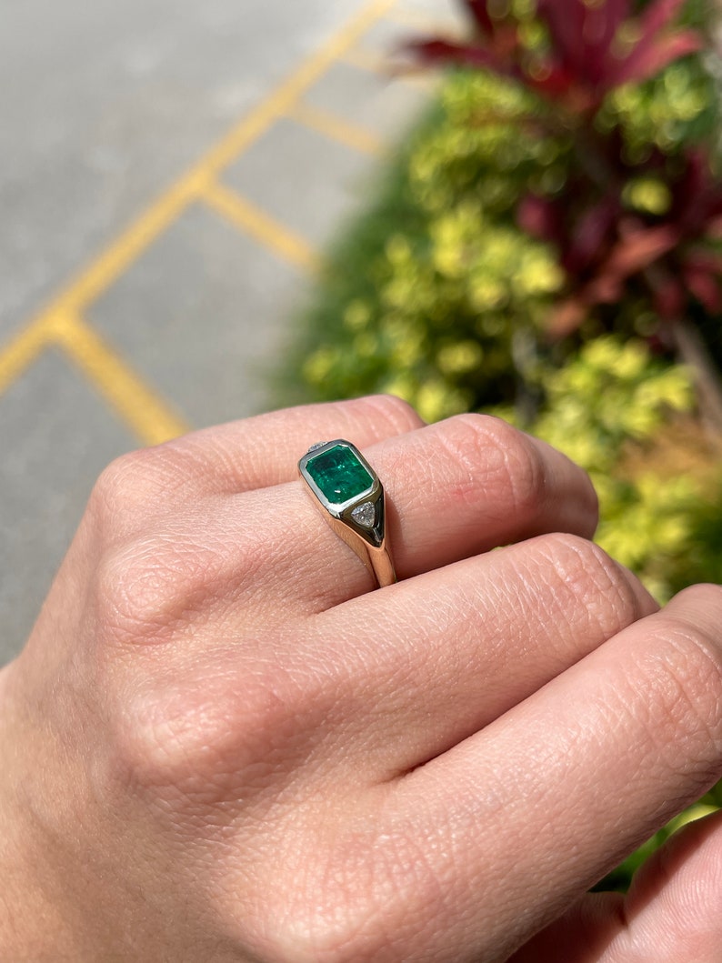 2.05 Carat Dark Green Emerald & Trillion Cut Diamond Three Stone Gypsy Ring in 14K Gold - Perfect for Engagement, Anniversary & Special Occasion Jewelry Gifts