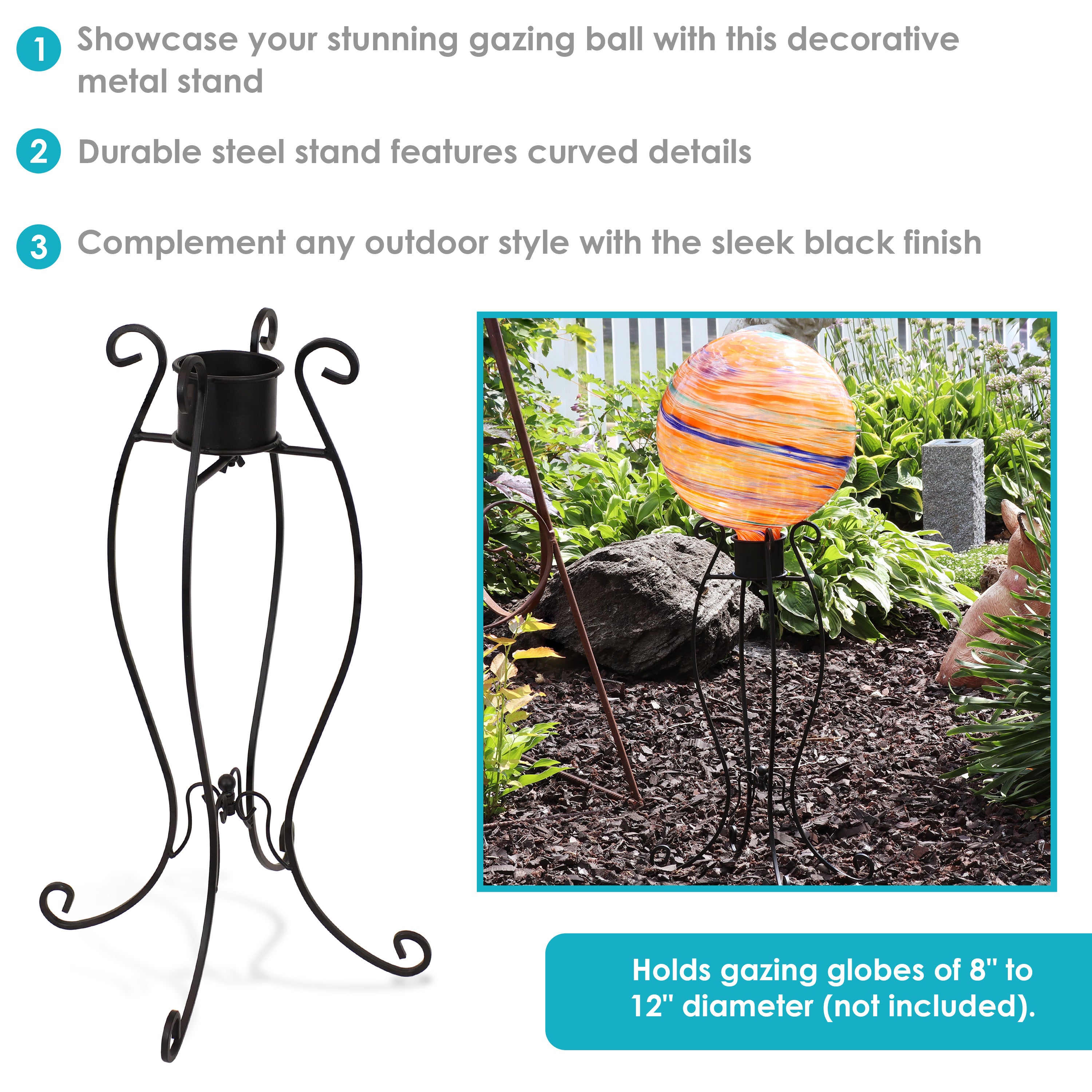 Sunnydaze Graceful Curved Metal Gazing Ball Stand - Black | Garden Decor for Outdoor & Indoor Use | Perfect for Patio, Yard, and Home Decoration