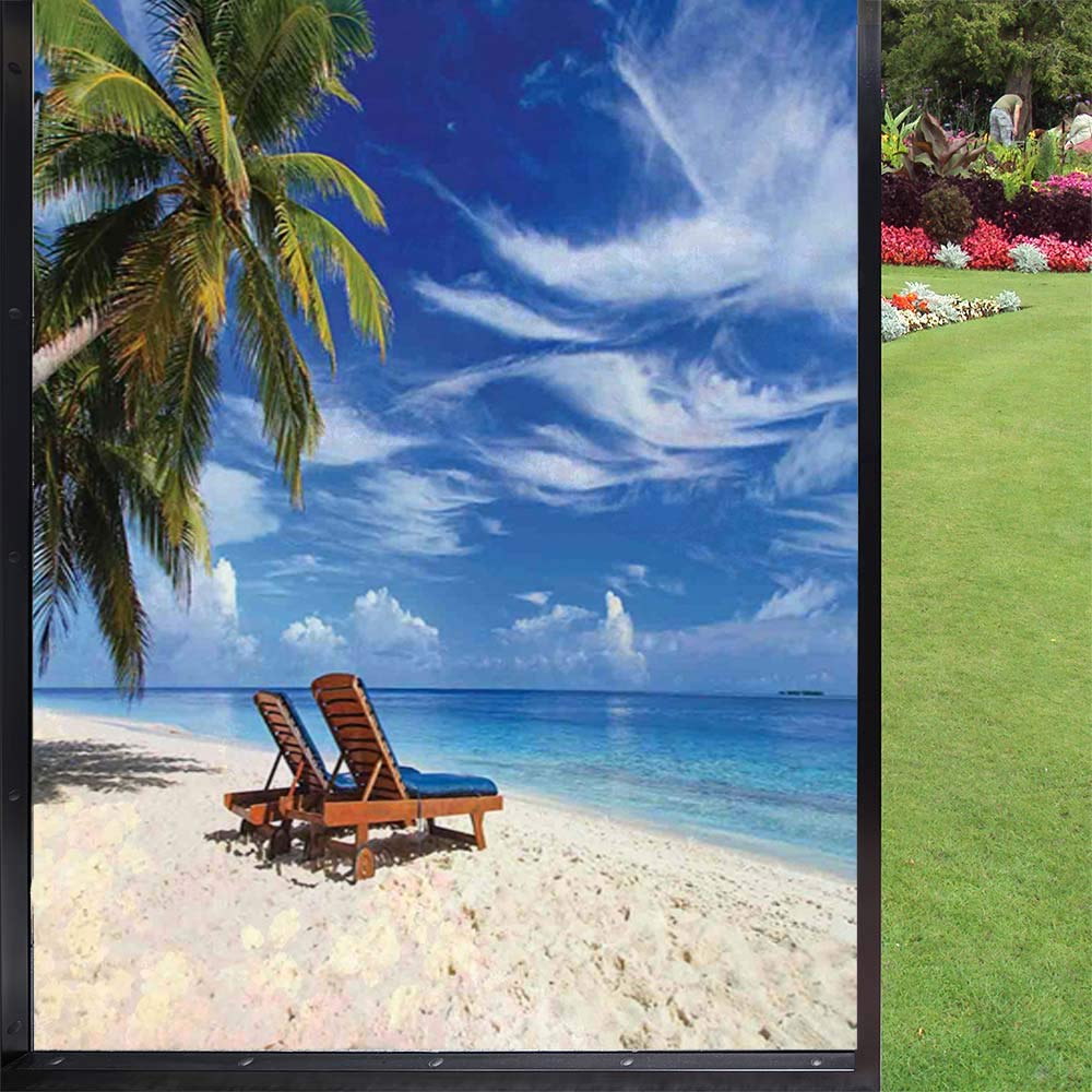 Frosted Glass Window Film - Tropical Beach Scene with Palm Trees & Chairs - 24x36 Inch Static Cling Privacy Film for Home & Office (Ivory, Blue, Green) - Perfect for Bathroom, Bedroom, and Office Windows