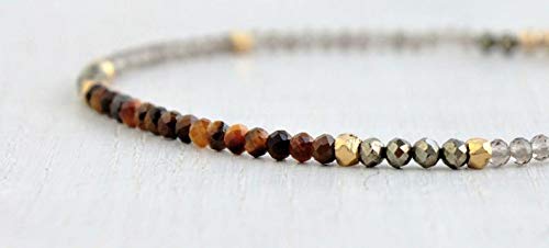 Precious-GEMS Gold Filled Smoky Quartz & Tiger Eye Bracelet with Pyrite Beads - Healing Crystal Jewelry for Women, Beaded Gemstone Bracelet - Perfect Gift for Mom, Birthday, Meditation & Spiritual Healing