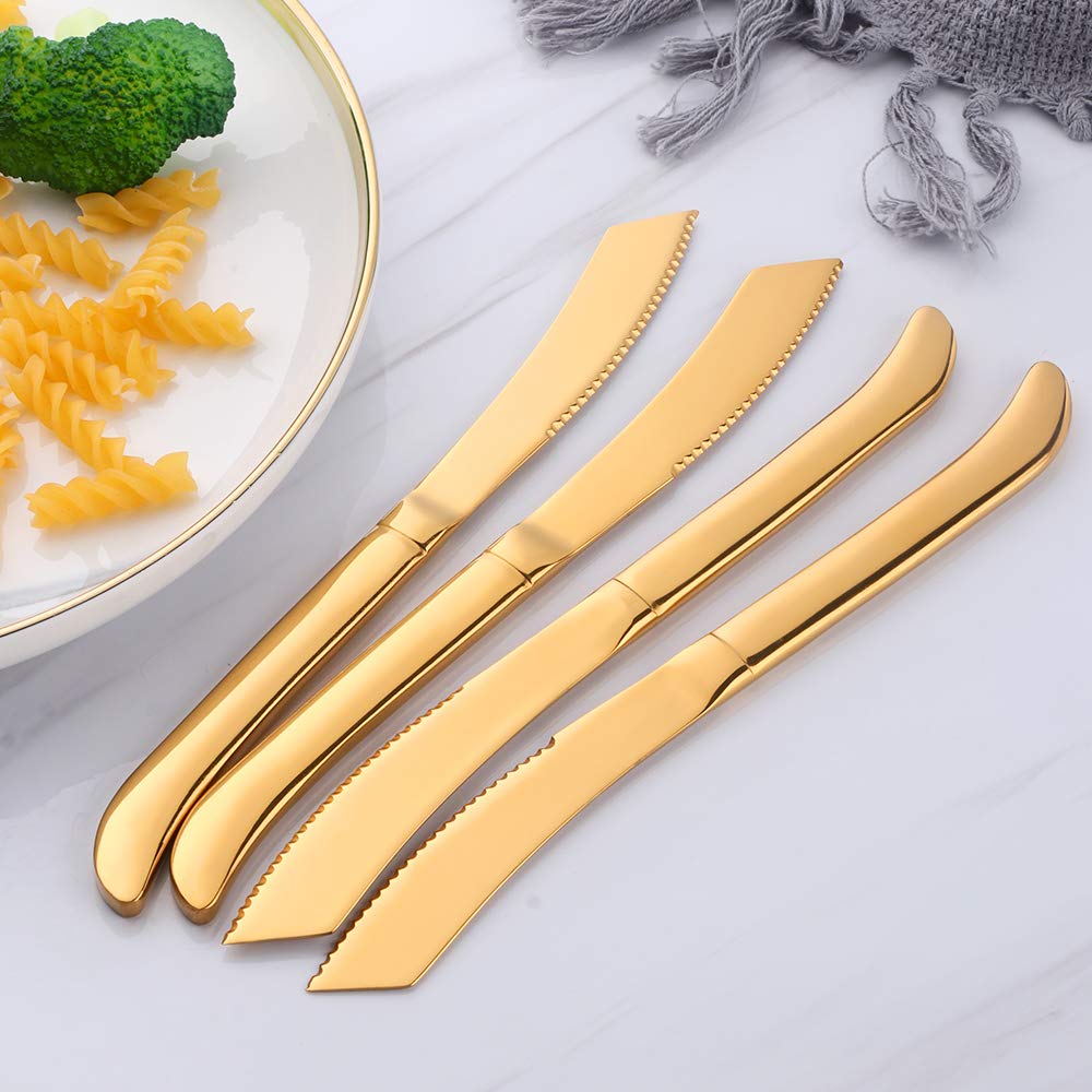 Premium 6-Piece Steak Knife Set - Serrated Stainless Steel Steak Knives with Gold Handles - Dishwasher Safe for Easy Cleaning - Perfect for Steak Dinners, BBQs & Fine Dining by QIBORUN