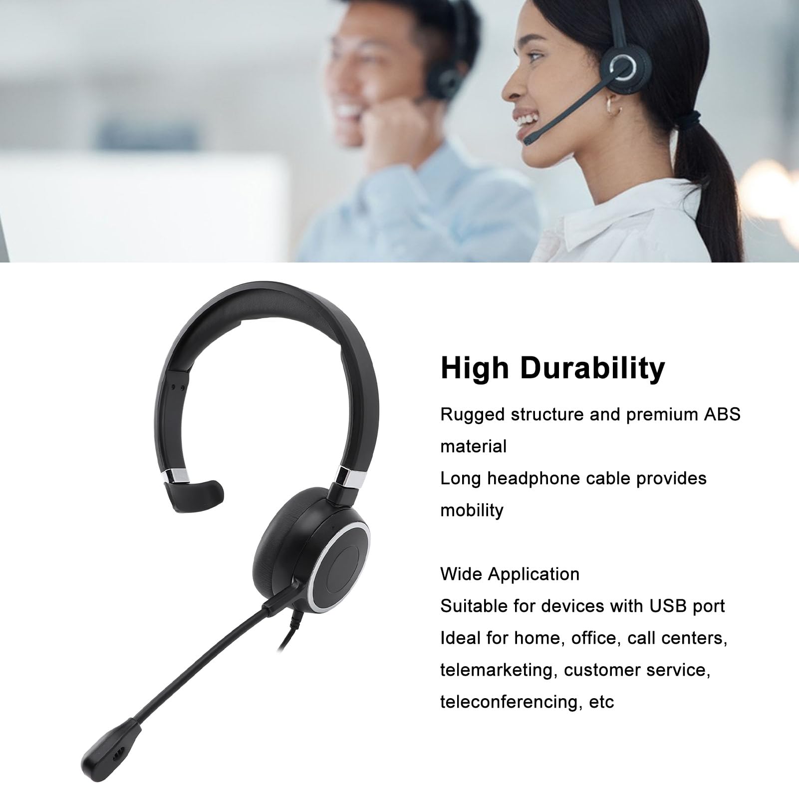 Noise Cancelling Monaural USB Wired Computer Headset with Microphone - USB/3.5mm/USB-C Compatible for Office Calls, Gaming & Remote Work