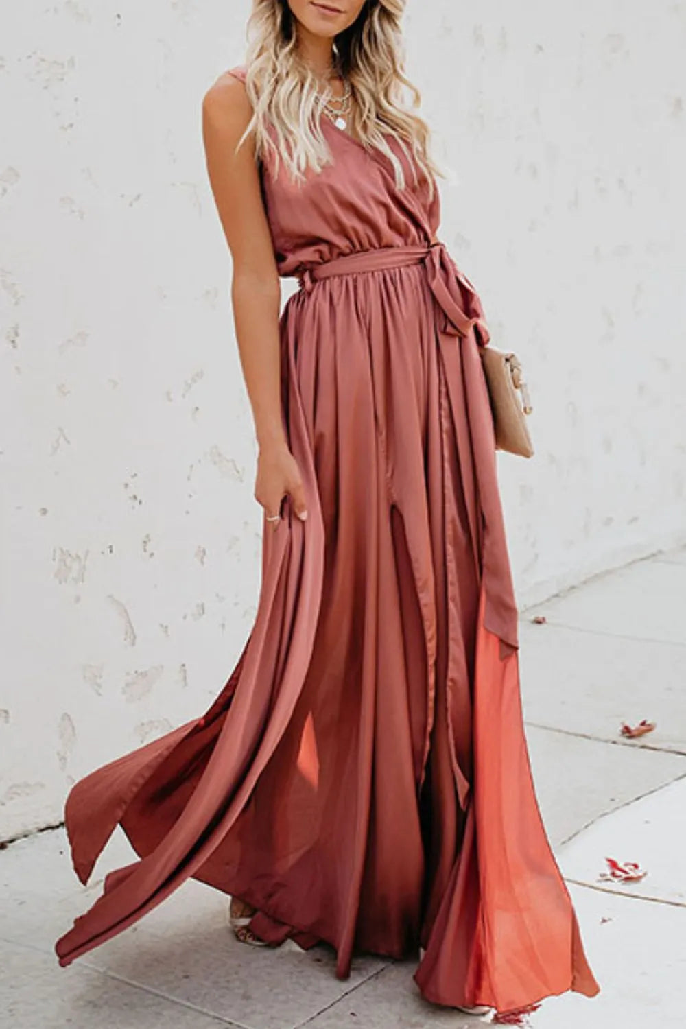Elegant Tie Waist Maxi Resort Dress for Women - Flowy Summer Beach Dress with Side Slits | Perfect for Vacations, Weddings & Tropical Getaways