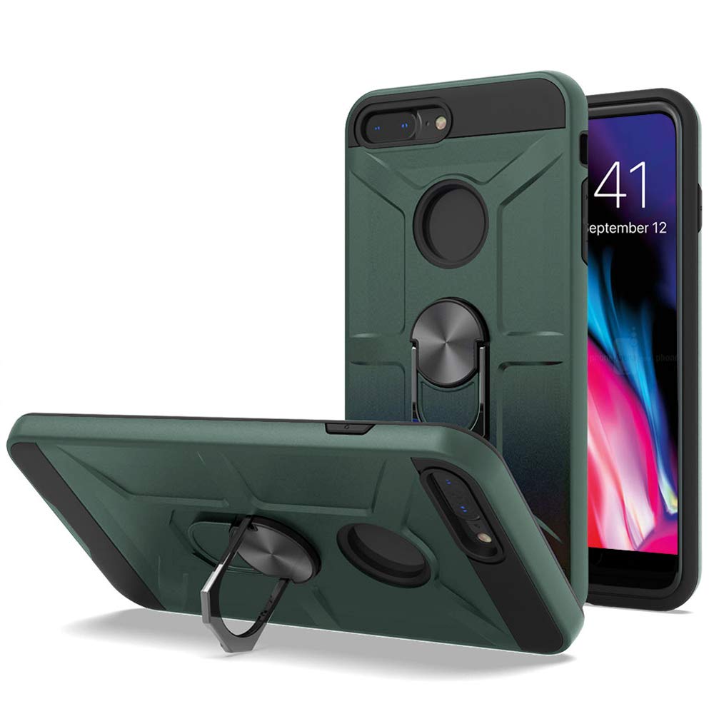 Premium Shockproof iPhone 7 Plus/8 Plus Case - Heavy Duty Silicone Protective Cover with Ring Stand Holder, Dark Green - Perfect for Daily Use, Travel & Outdoor Activities