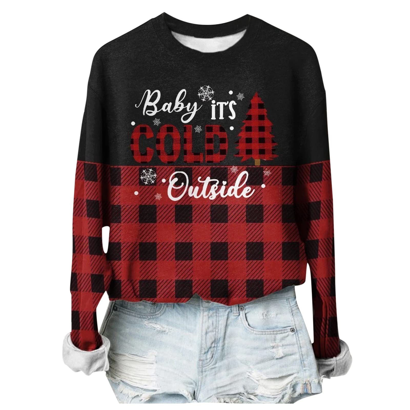 Women's Christmas Printed Long Sleeve Sweatshirt - Cute Casual Round Neck Loose Comfortable Top for Autumn/Winter (Black, S) | Perfect for Holiday Parties, Office Wear & Cozy Winter Outfits