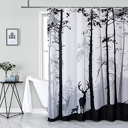 London Heart Black & White Deer Shower Curtain Set - 72x72 Inch Bathroom Decor with 12 Hooks - Waterproof & Mold Resistant - Perfect for Modern, Farmhouse or Rustic Bathroom Themes