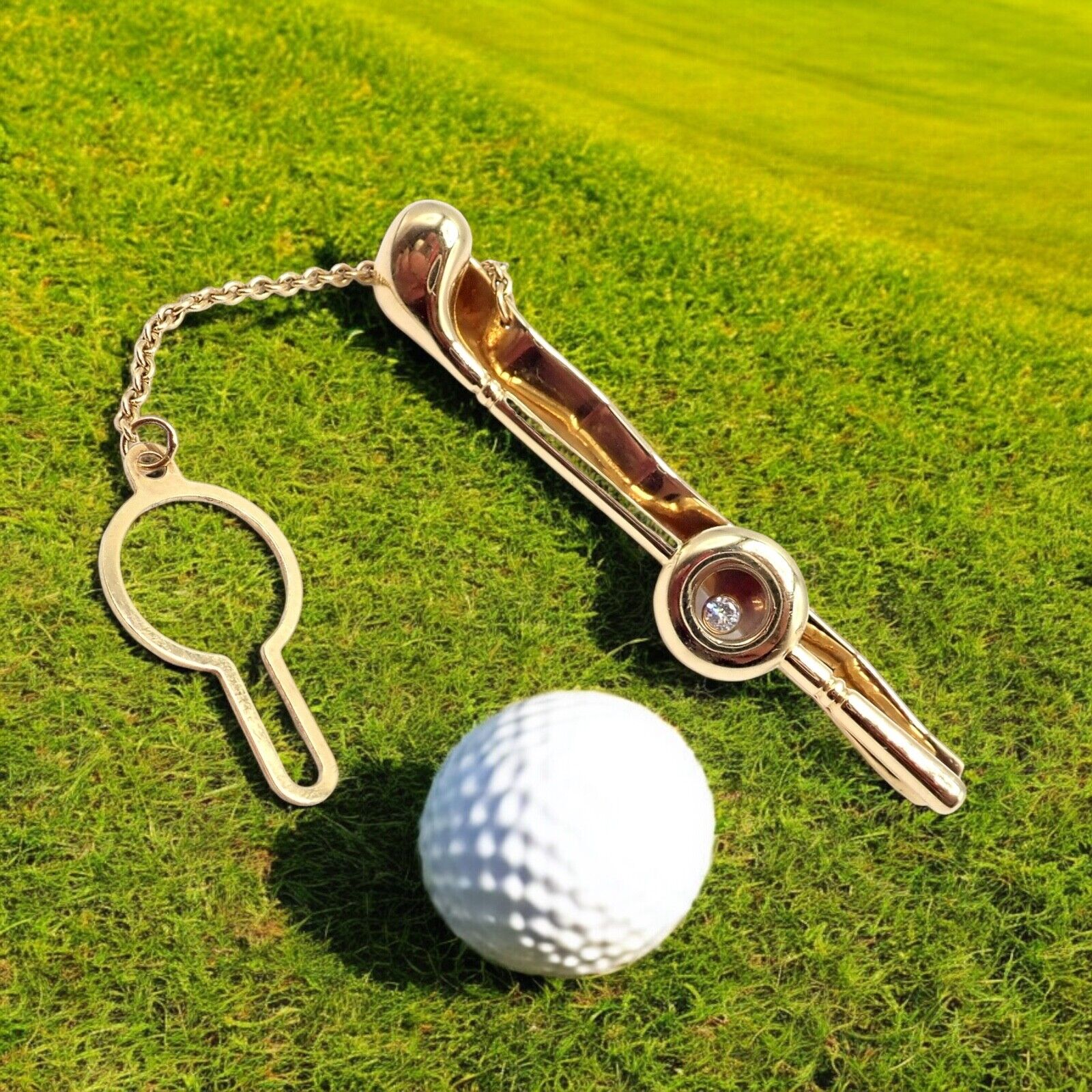 Authentic Chopard 18k Yellow Gold Happy Diamond Golf Club Tie Clip - Elegant Accessory for Business Meetings & Formal Events