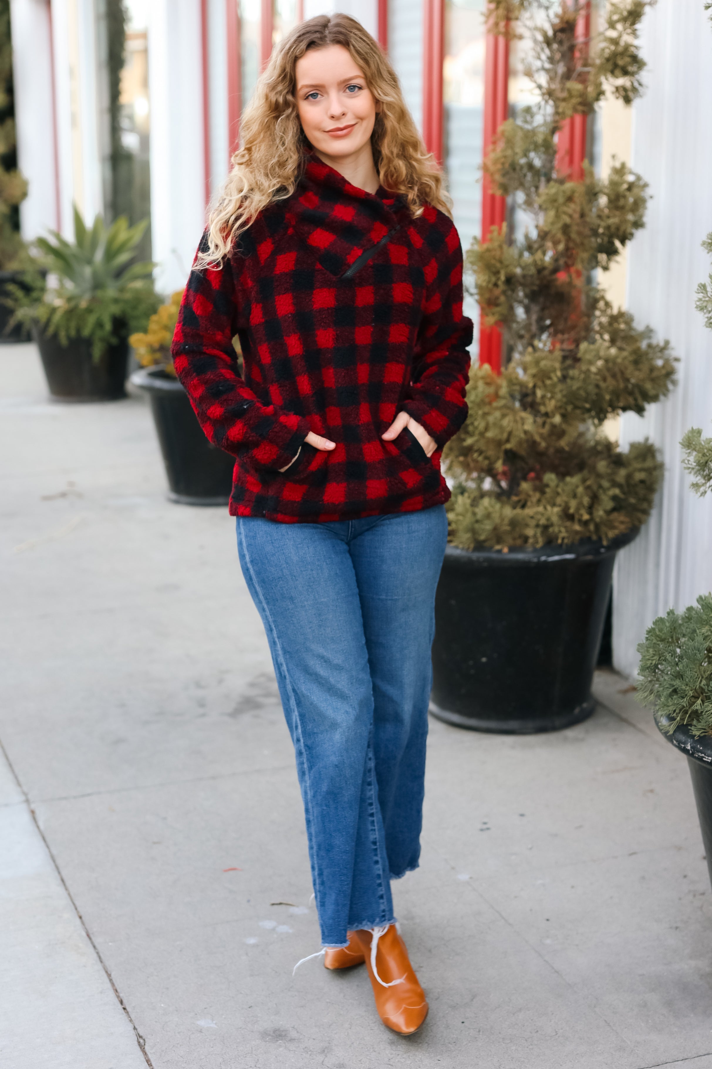 Cozy Red Sherpa Plaid Asymmetrical Zip Sweater Top for Women - Winter Fashion Layering Piece for Casual Outfits & Outdoor Activities