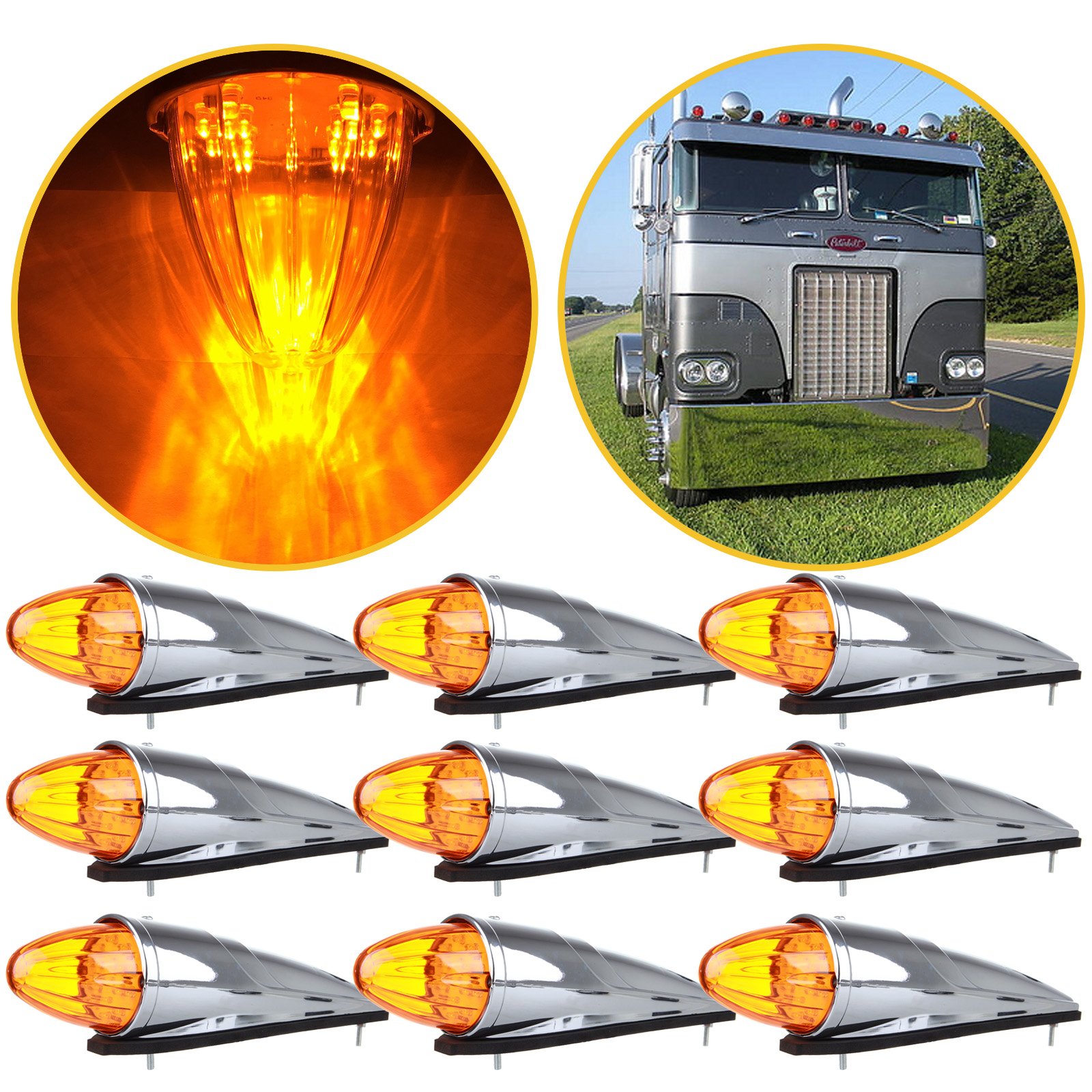 ECCPP 9X Amber 17LED Chrome Torpedo Cab Marker Light with Clear Lens - Waterproof Roof Running Light for Peterbilt, Kenworth, Freightliner, Volvo & Mack Trucks - Ideal for Night Driving and Heavy-Duty Trailers