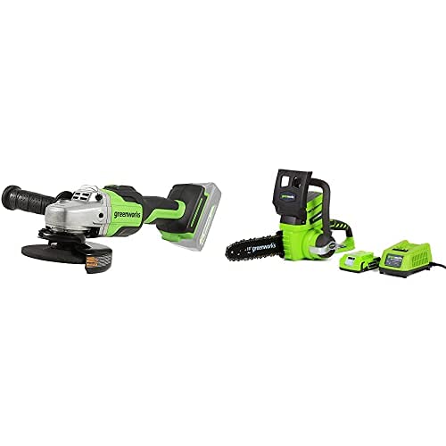 Greenworks 24V Brushless Angle Grinder & 10-Inch Cordless Chainsaw Kit with 2.0Ah Battery and Charger - Perfect for DIY Projects, Wood Cutting, and Metal Grinding