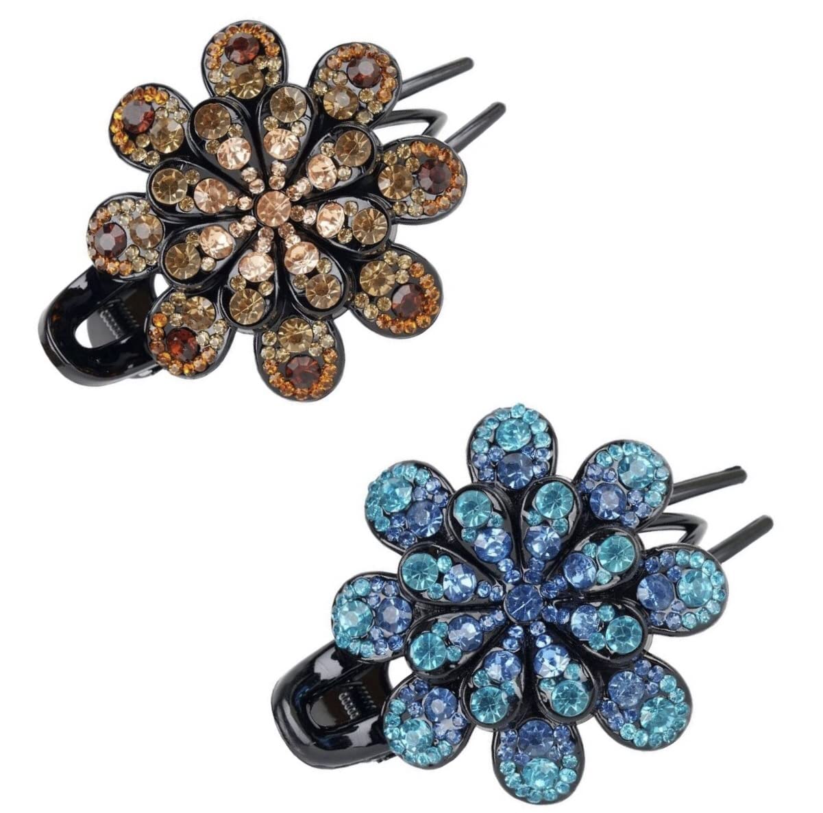 ZEMANIA Rhinestone Hair Claw Clips for Women - Non-Slip Crystal Glitter Hair Barrettes, Decorative Flower Hairpins for Thick Long Hair (Set of 2) - Perfect for Weddings, Parties & Everyday Hairstyles