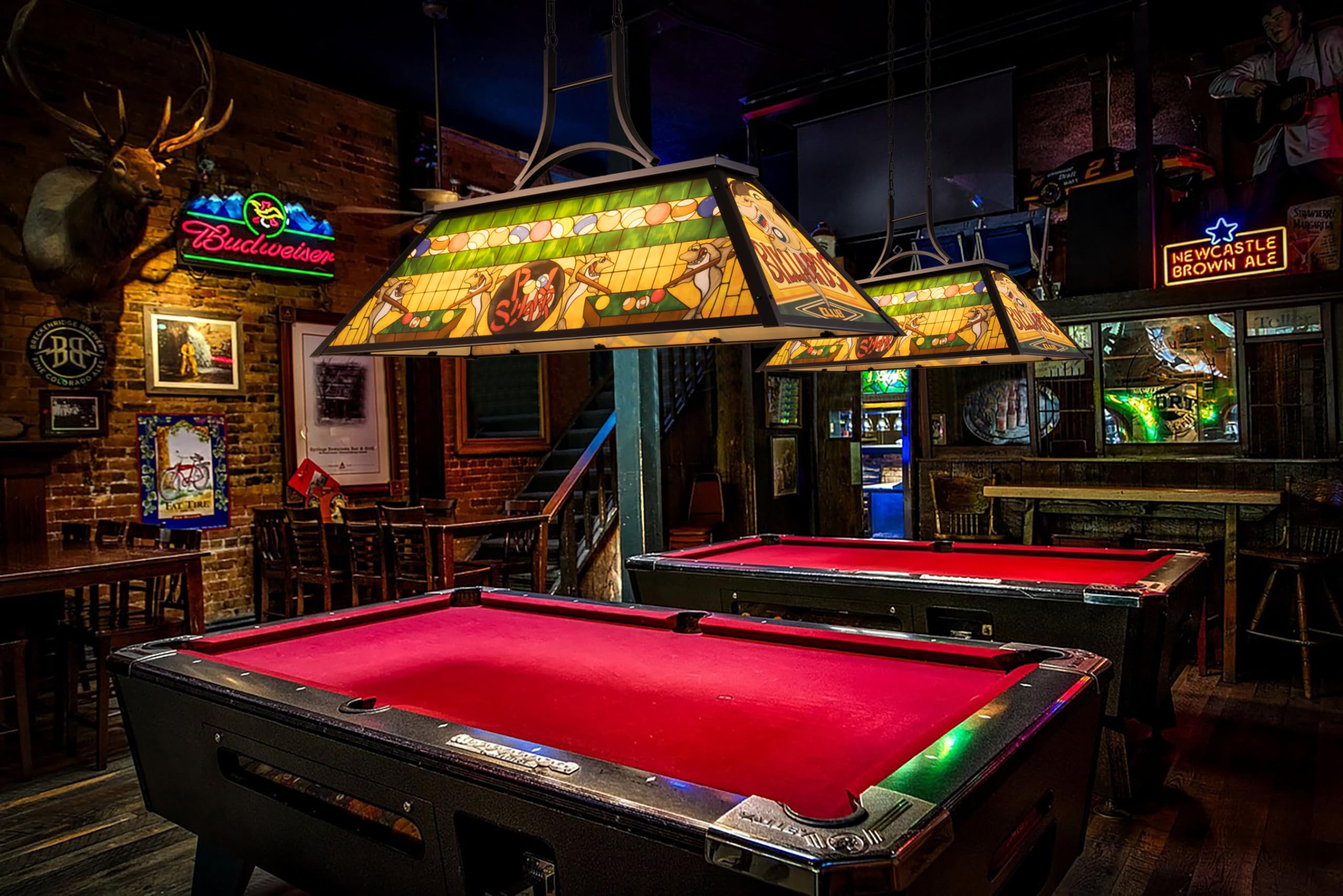 Vintage Pool Table Light Fixture - 3-Light Rustic Billiards Chandelier with Tiffany-Style Shark Shade - Perfect for Game Room, Man Cave, Club Bar, Farmhouse Dining Room & Kitchen Island Lighting