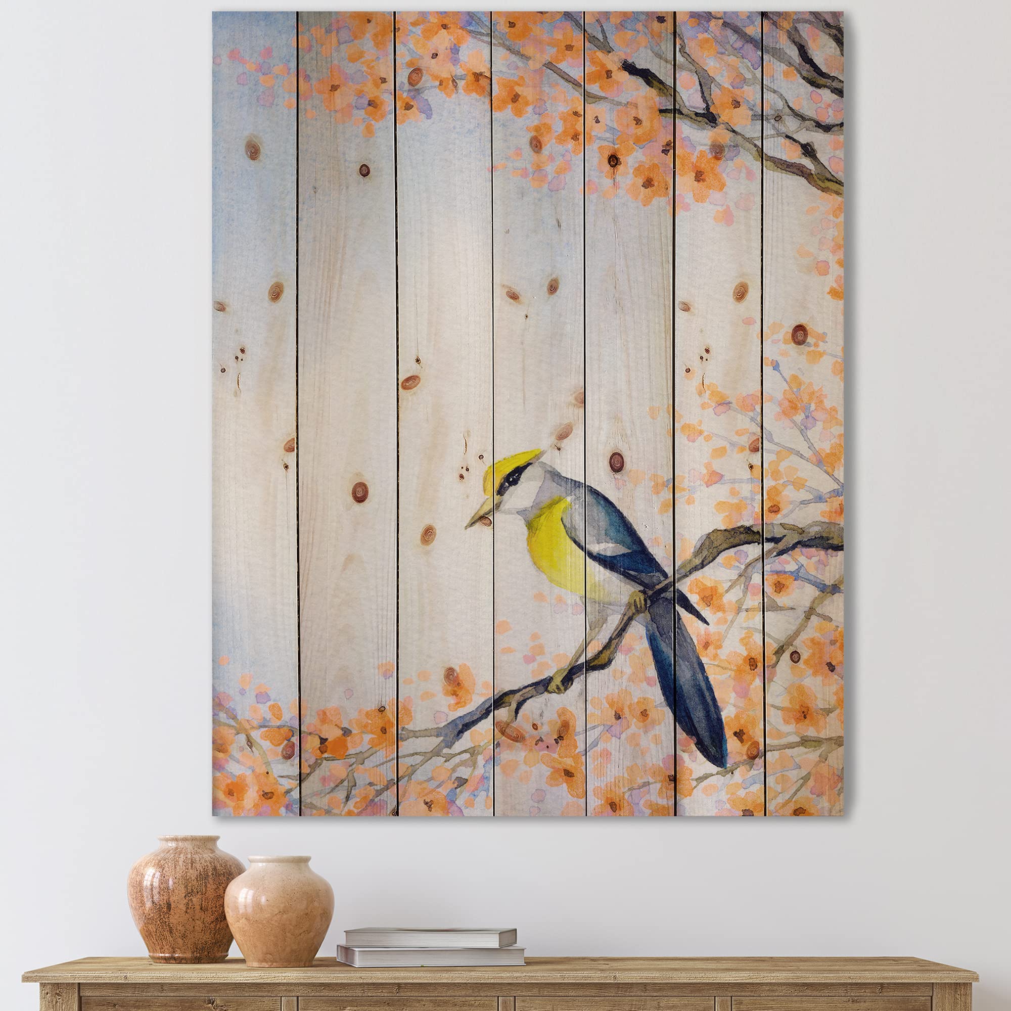 Blue Bird on Flowering Branch Traditional Wood Wall Art - Handcrafted Pine Wood Decor for Living Room, Bedroom & Office - Large Animal Print Wood Panels for Rustic Home Decor