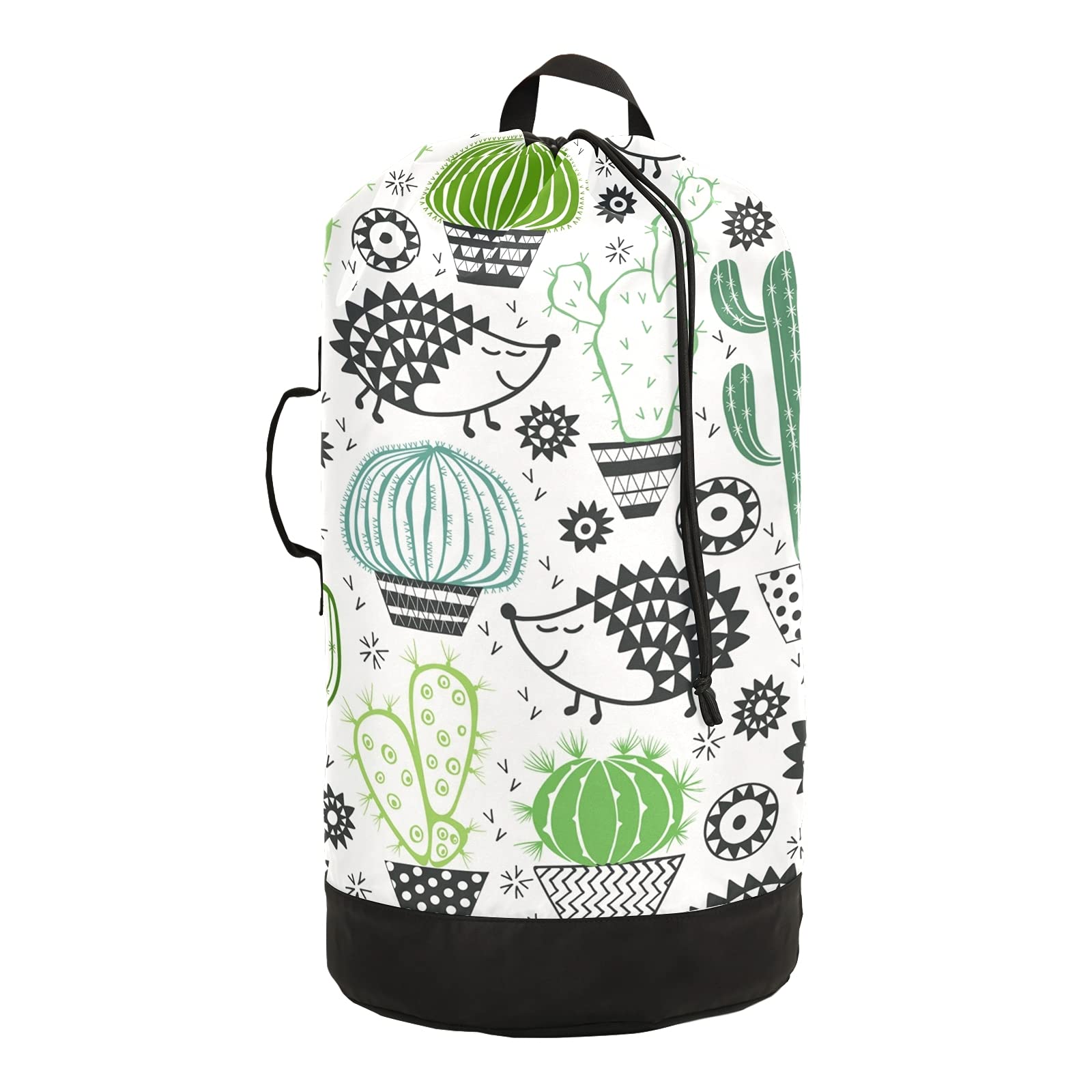 Waterproof Laundry Backpack with Shoulder Straps - Cute Hedgehog & Cactus Design Drawstring Clothes Hamper for College Dorm, Travel, Laundromat & Apartment - Perfect for Students, Camping & Gym Use