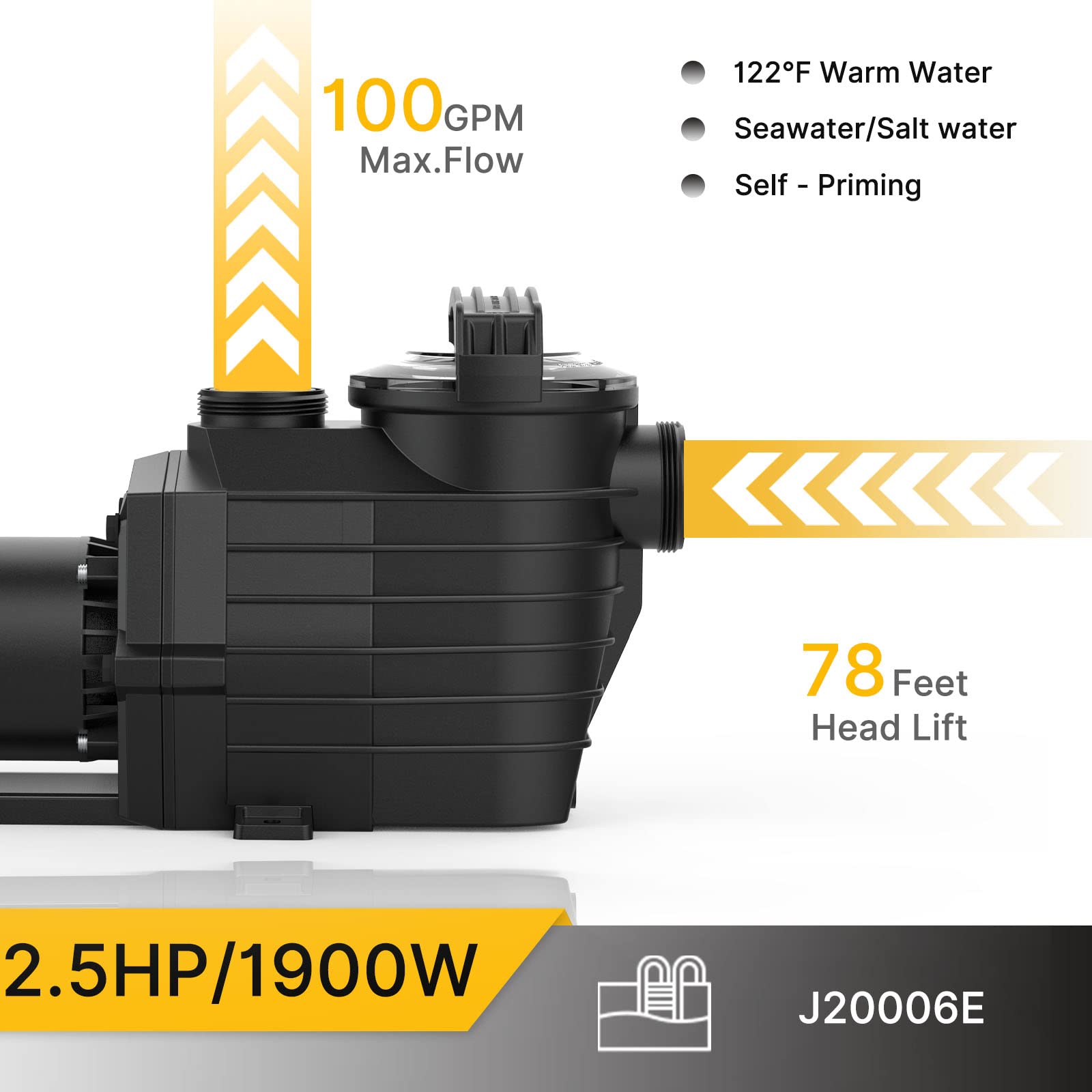 2.5 HP Inground Pool Pump - Dual Voltage 115V/230V, 6000GPH Max Flow, 78FT Head Lift - Energy Efficient DoE-Compliant Pool Pump with 1.5