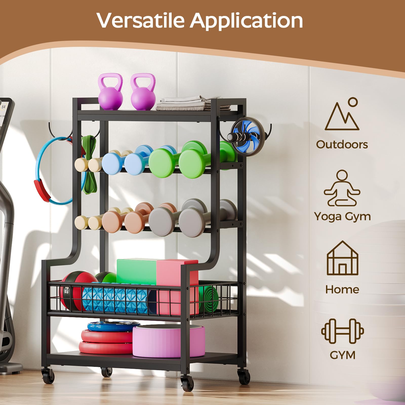 Heavy Duty Dumbbell Rack with Wheels - Adjustable Home Gym Storage Organizer for Dumbbells, Kettlebells, Yoga Mats & Foam Rollers - Space Saving Fitness Equipment with Hooks (Black YL01BK) - Perfect for Home Gym, Garage Workouts & Commercial Fitness Centers