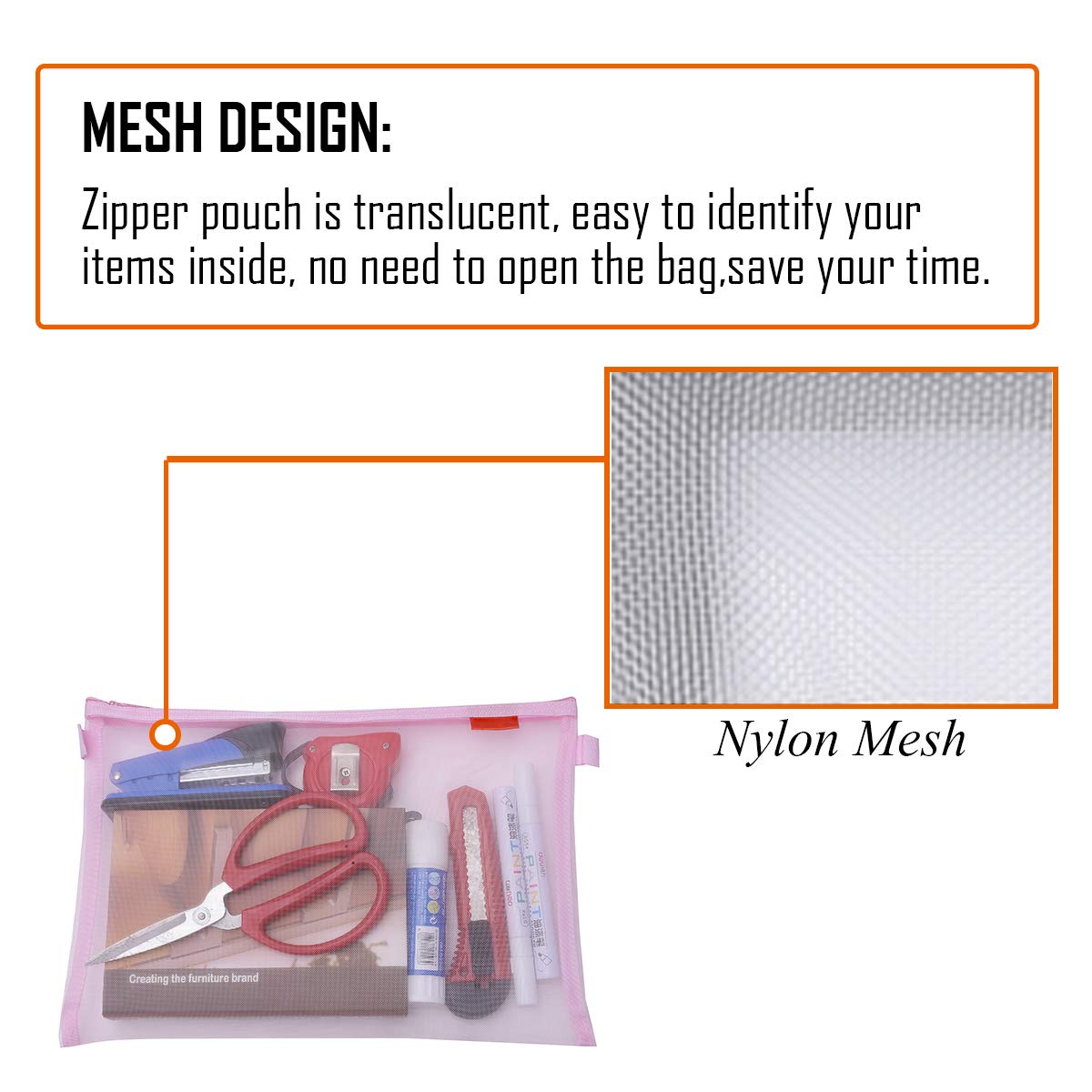 Mesh Zipper Pouch 5pcs - Lightweight Nylon Document Organizer for Travel & Office (Pink, A4/A5/A6) - Perfect for Cosmetics & Supplies Storage