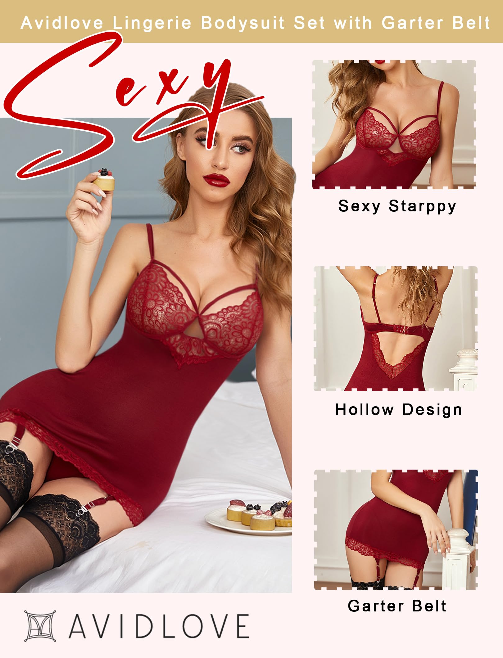 **Avidlove Women's Lace Teddy Bodysuit with Garter Belt - Sexy Lingerie Babydoll for Valentine's Day, Bridal Shower & Romantic Nights**