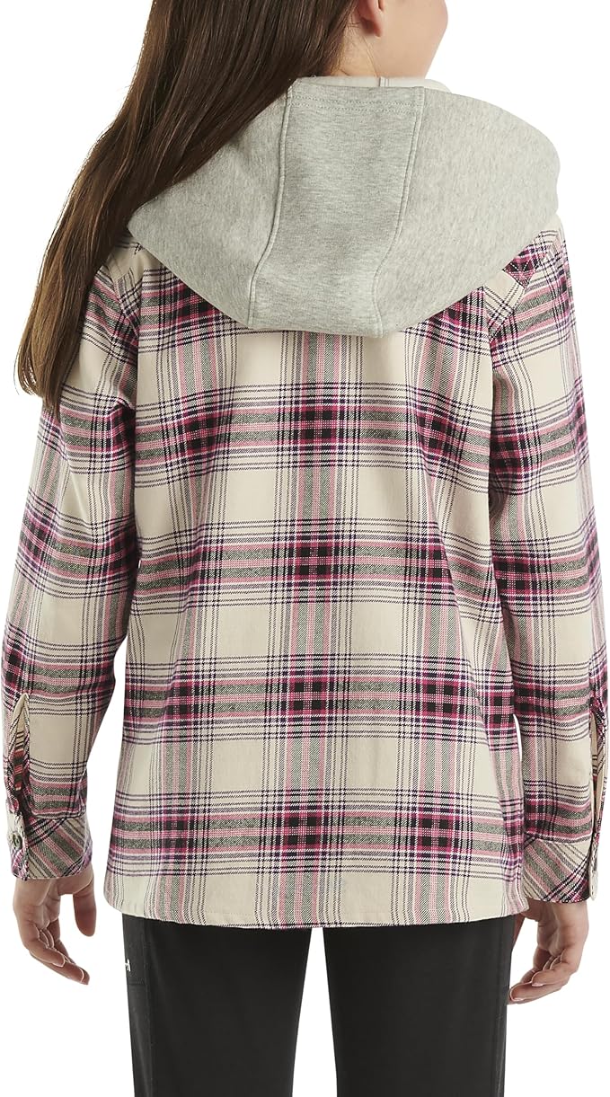 Carhartt Kids Long Sleeve Flannel Hooded Shirt - Soft Button-Up Plaid Top for Boys & Girls, Pink & White Checkered Pattern - Perfect for School, Outdoor Play & Family Activities