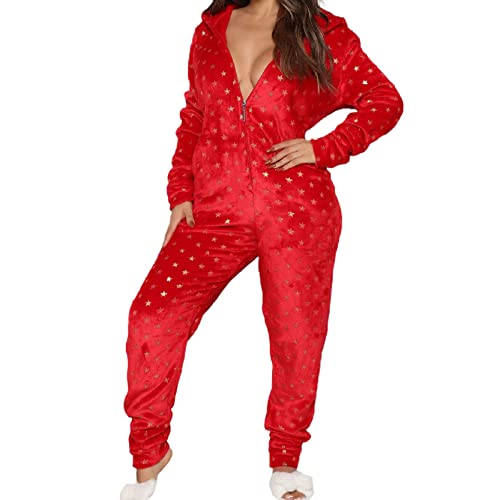 Women's Christmas Fleece Hooded Jumpsuit - One Piece Zipper Romper Pajamas for Winter Sleepwear & Lounge Wear | Cozy Holiday Outfit for Xmas Parties, Family Gatherings and Festive Sleepovers