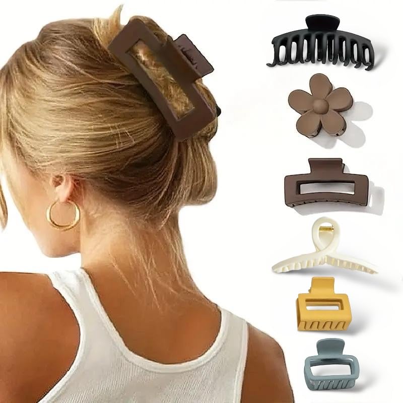 BAKEFY 6-Piece Hair Claw Clips Set - Large Medium Small Sizes for Thin & Thick Hair | Non-Slip Grip Hair Clamps for Women & Girls | Variety Pack with Different Shapes | Perfect for Ponytails, Buns & Everyday Hairstyles