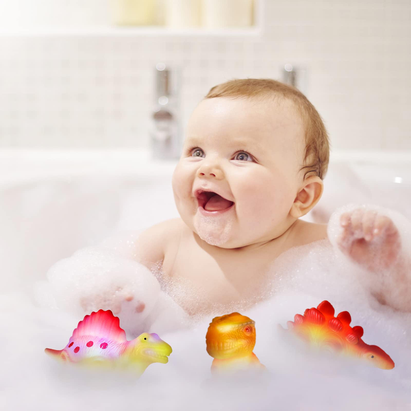 Glow in The Dark Floating Dinosaur Bath Toys - 6 Pack No Hole Baby Bathtub Toys for Toddlers & Kids | Perfect Birthday, Christmas, Easter Gift for Boys & Girls | Fun Sensory Play for Preschool Bathtime & Pool Parties