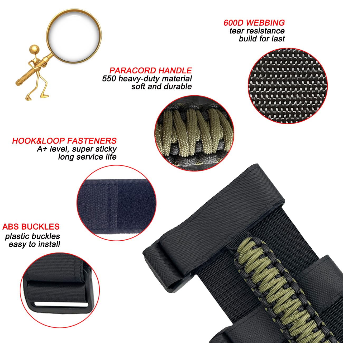 Army Green Jeep Grab Handles - Heavy Duty Paracord Roll Bar Handles for Wrangler TJ YJ JK JL & Gladiator JT (1987-2023 Models) - Perfect for Off-Roading, Camping & Jeep Accessories
