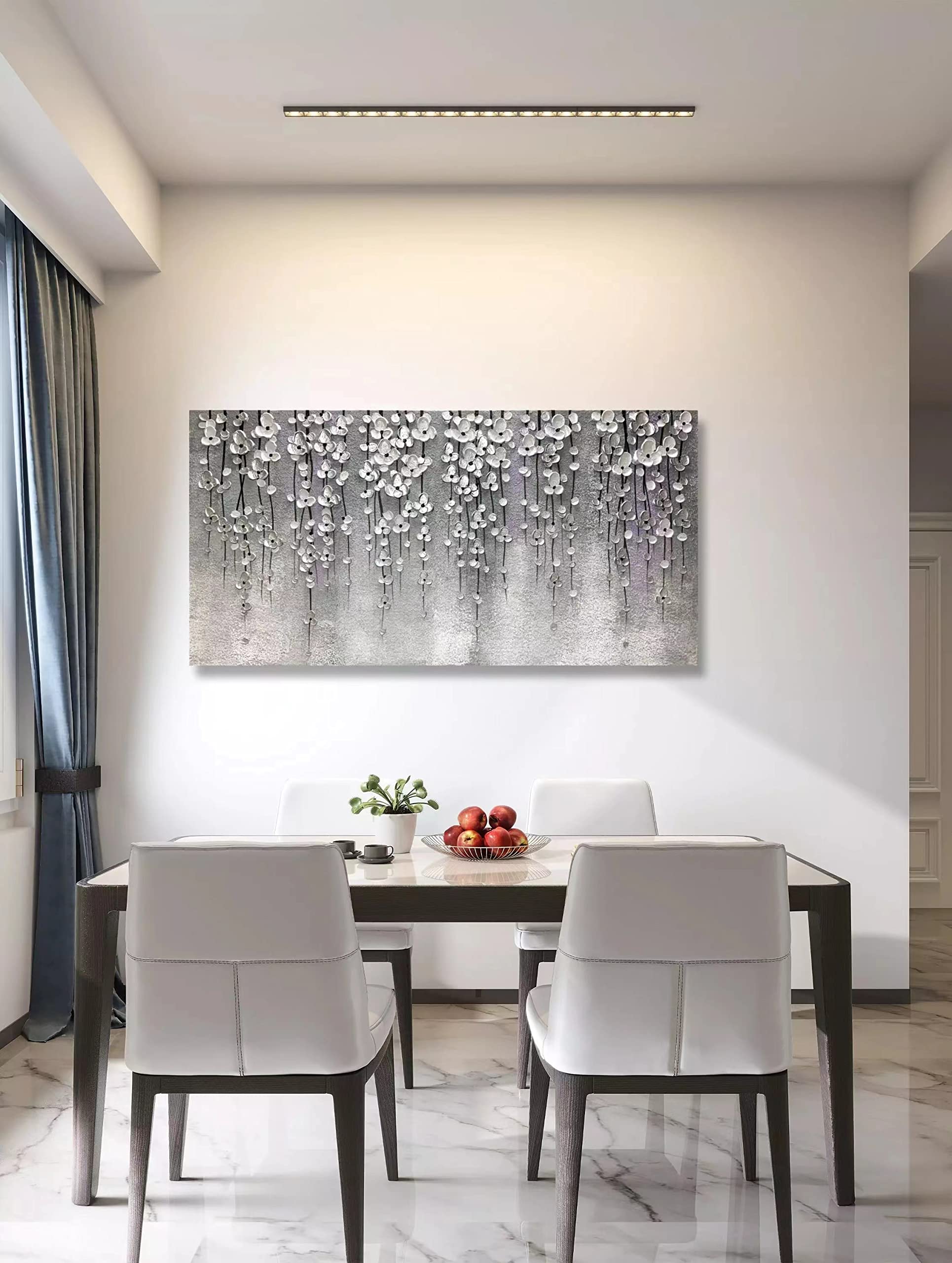 Yika Art 24x48 Inch Modern Abstract Oil Painting - Hand Painted Canvas Wall Art Decor for Living Room, Bedroom & Office - Silver Flower 3D Artwork (Grey) | Perfect for Home Decor, Housewarming Gifts & Interior Design