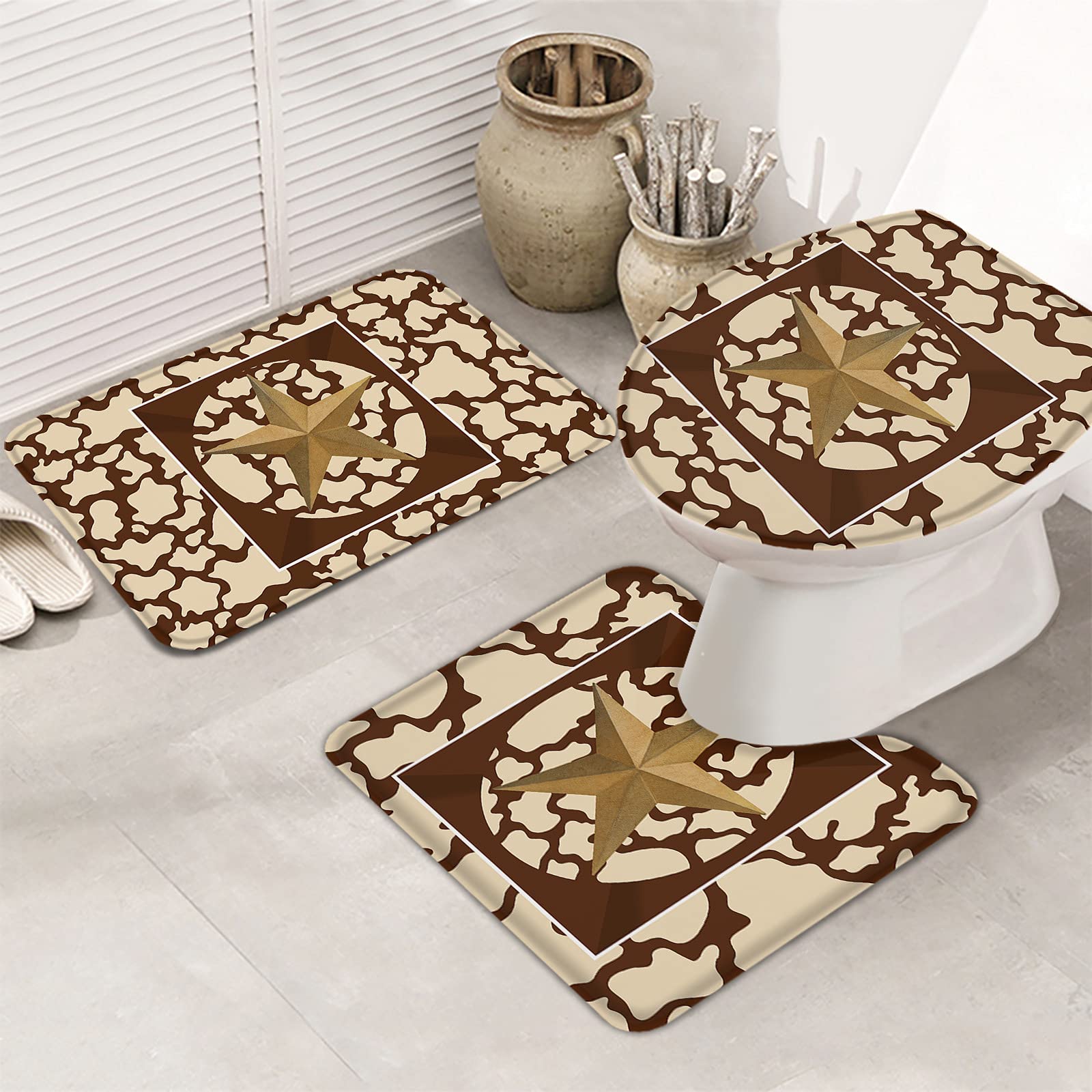 Texas Western Country Star Brown 3-Piece Non-Slip Bathroom Rug Set - Absorbent Bath Mat, Contour Mat & Toilet Cover with Cowhide Texture | Soft Shower Mats for Farmhouse & Western Style Bathrooms