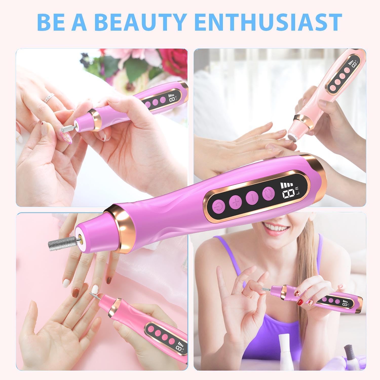 Professional Cordless Electric Nail Drill Kit - 6 Speed Manicure Pedicure Set for Thick Nails & Cuticle Care | Rechargeable Nail File Tool for Hand & Foot Care (Rose) | Perfect for Home Salon, DIY Nail Art & Professional Use