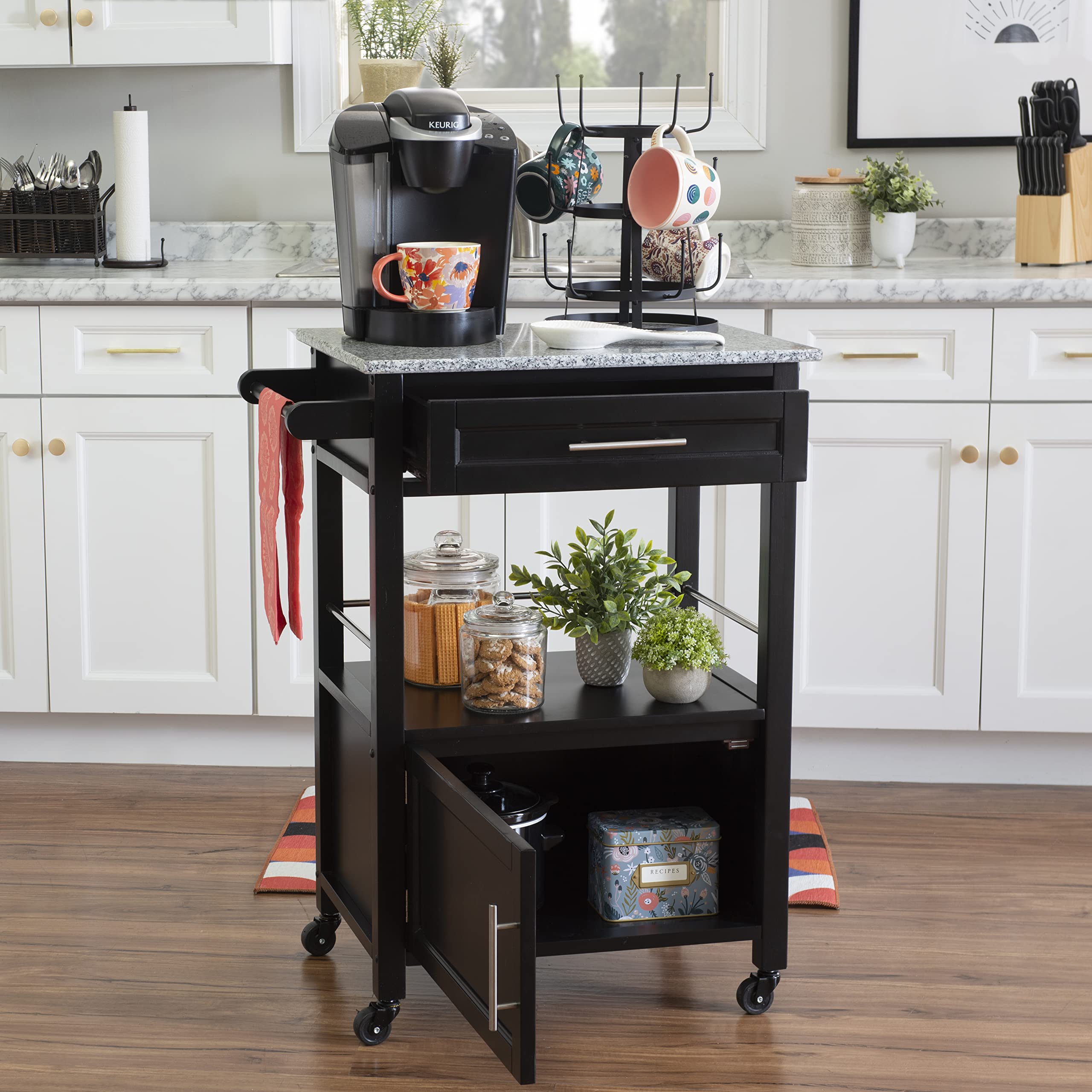 Linon Cayden Black Kitchen Cart - Rolling Island with Storage Shelves & Towel Rack for Small Spaces | Perfect for Kitchen Organization, Dining Room Serving, or as a Mobile Bar Cart