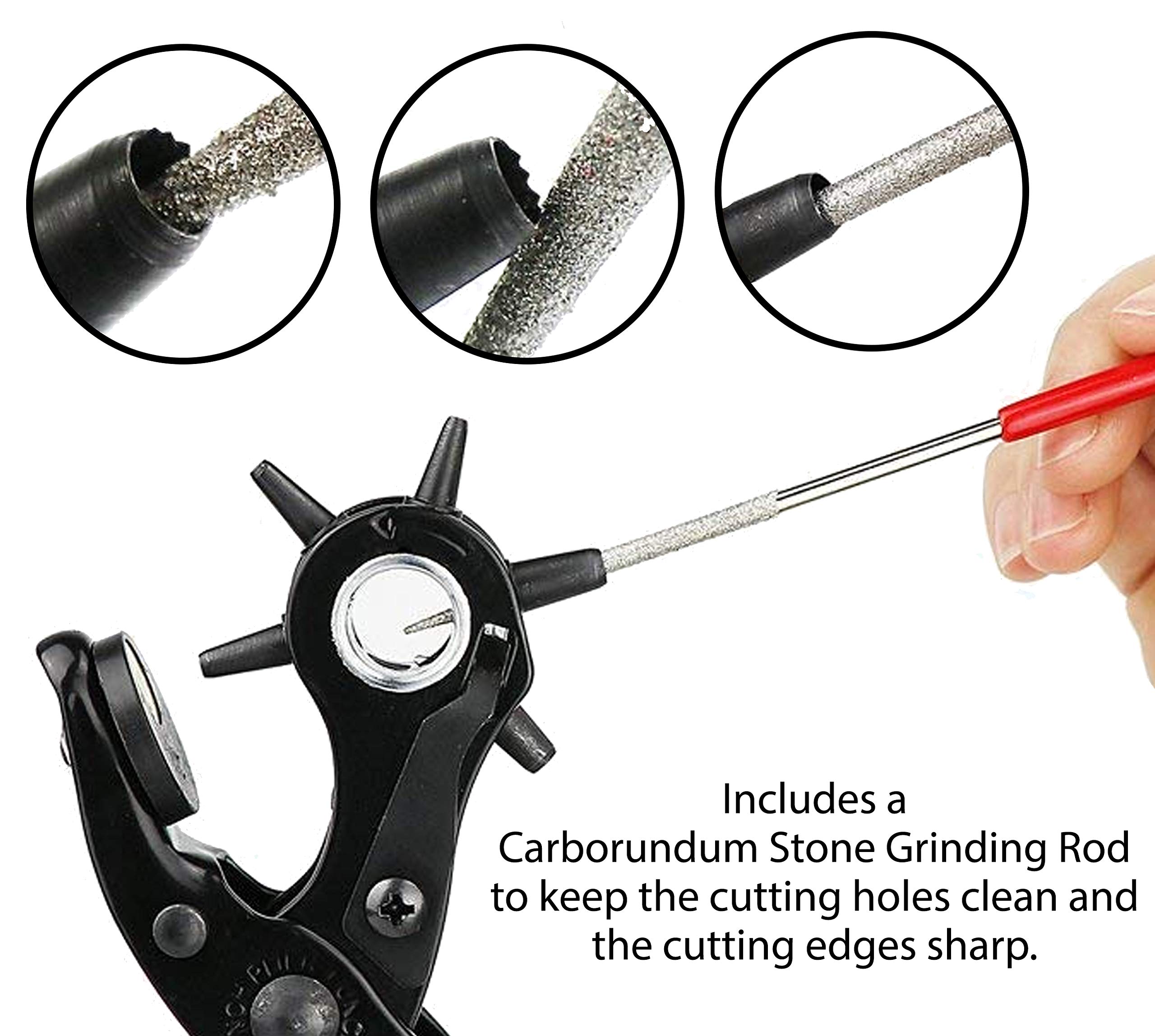 Zega Crafts Revolving Leather Hole Punch Plier Kit - Professional Belt Hole Punch Tool for Leather, Belts, Watches, Vinyl, Plastic & Handbags - Includes 3 Brass Punch Pads & Carborundum Grinding Rod - Perfect for DIY Leather Crafting, Watch Strap Adjustment & Belt Repair