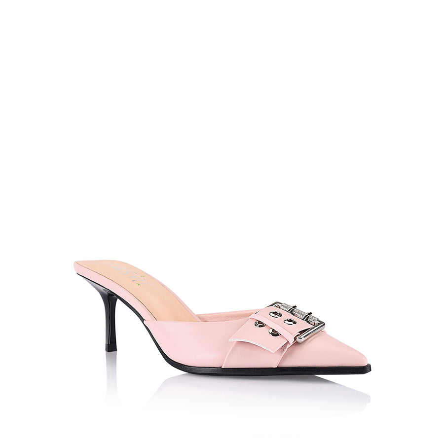 Sez Buckle Stiletto Mules - Blush Pink Smooth Leather Slip-On Heels for Women | Perfect for Office, Parties & Date Nights