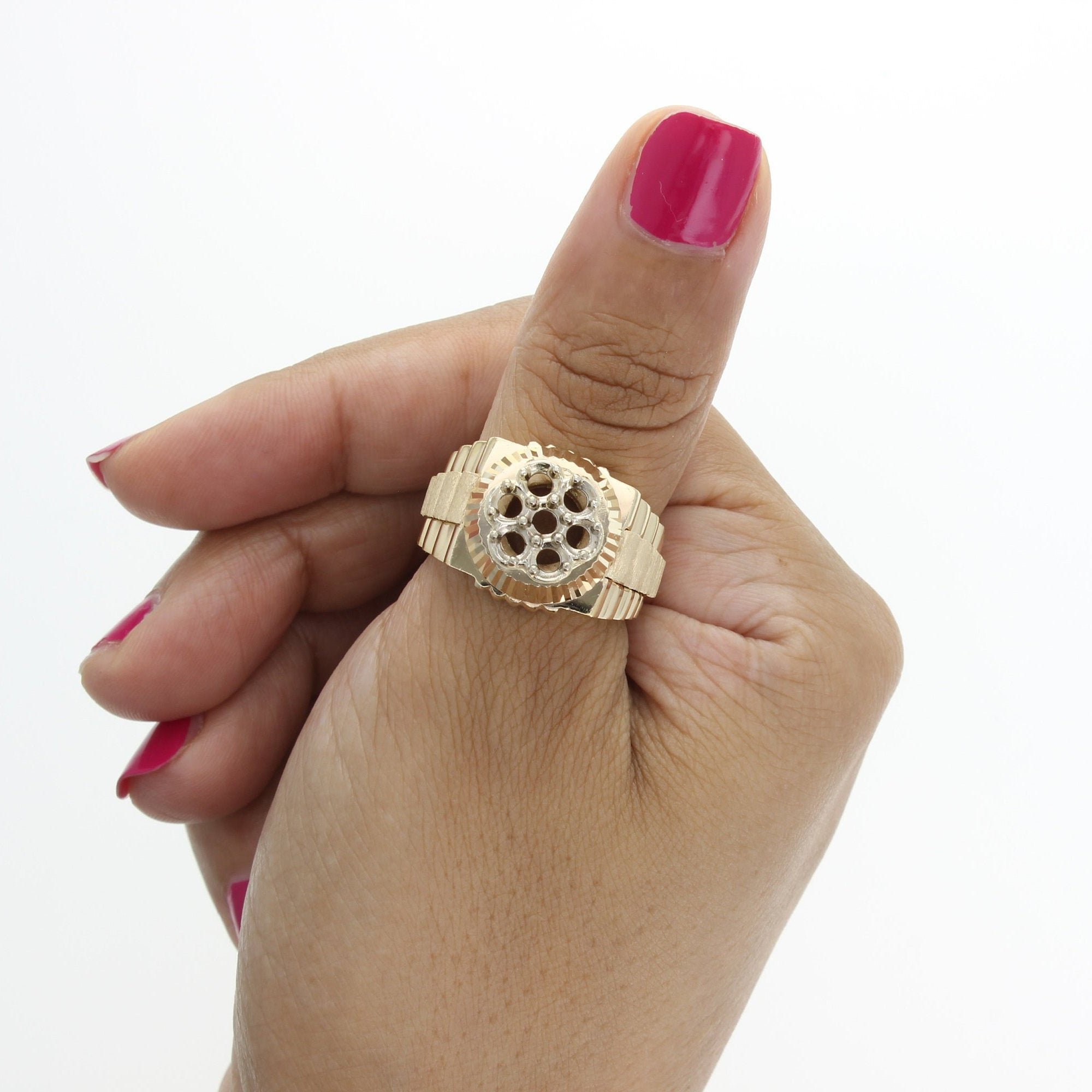 Luxury Rolex Presidential Style Cluster Ring with Bark Center & Polished Sides - Perfect for Weddings, Anniversaries & Formal Events