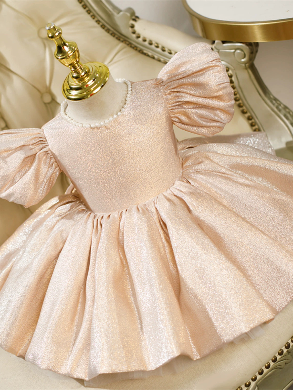 Champagne Princess Jewel Neck Tea-Length Satin Flower Girl Dress for Weddings, Pageants & Special Occasions