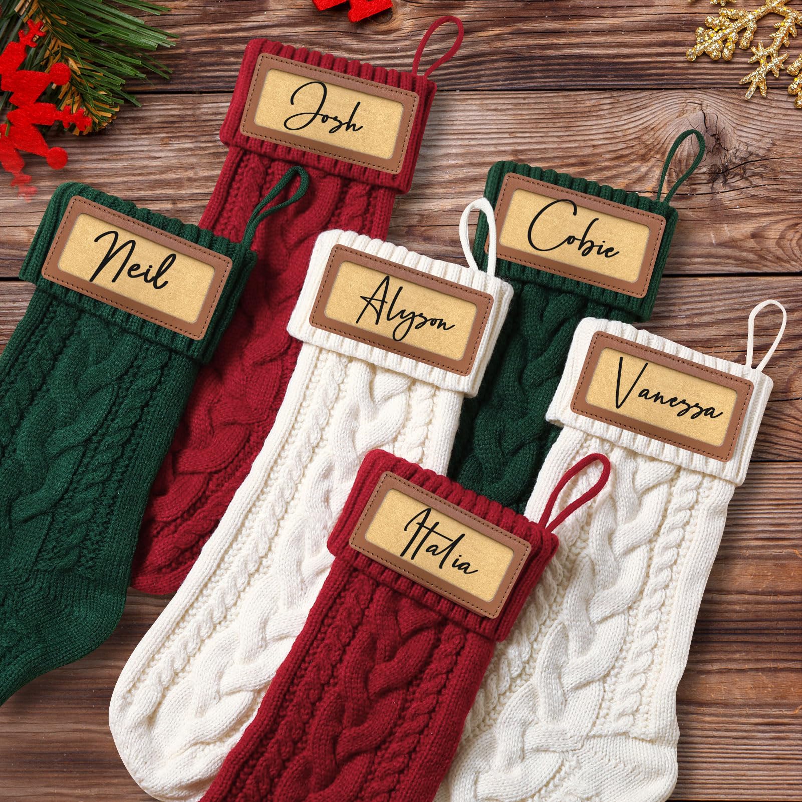4 Pack Personalized Christmas Stockings with Leather Patches - Custom Name Family Xmas Stockings (18.5