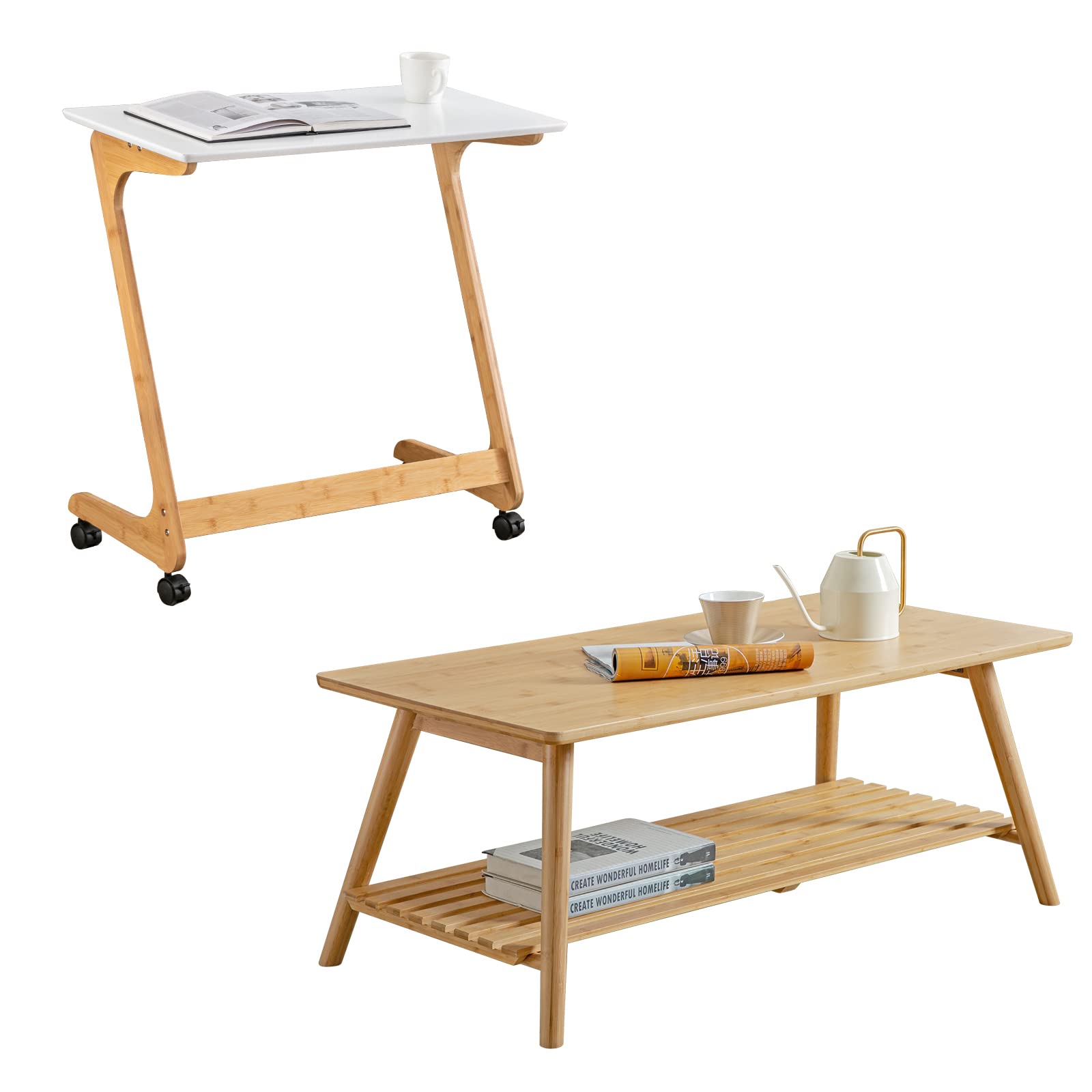 Modern Bamboo Coffee Table with Casters - Sturdy Sofa Side Table for Living Room, Bedroom & Office - Easy Rolling Mobility & Stylish Home Decor