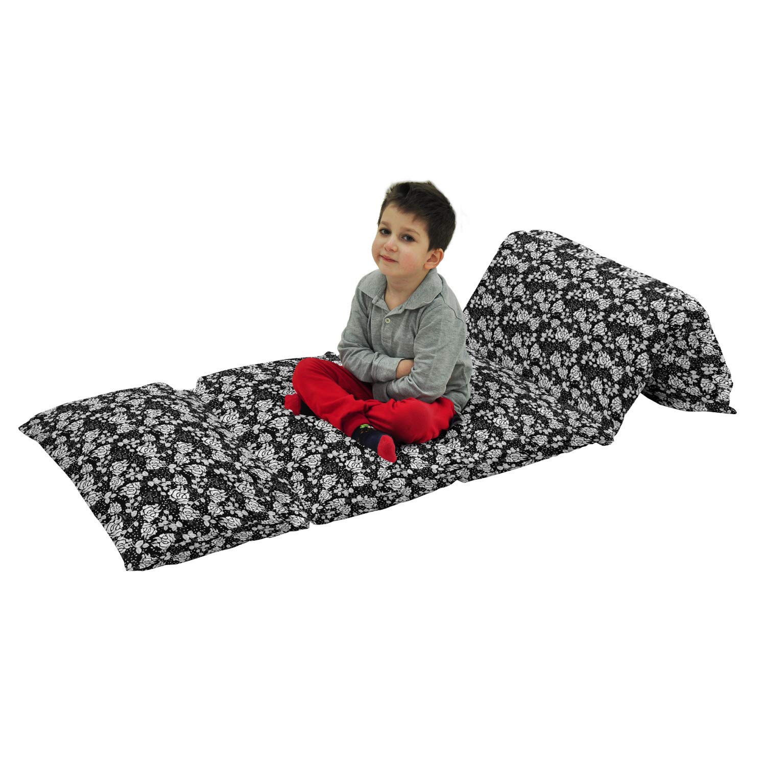 Ambesonne Monochrome Floor Pillow Lounger Cover - Romantic Nature Inspired Abstract Pattern with Rose Blossoms & Birds - Nap Mat Printed Fabric Case for 5 Pillows (88