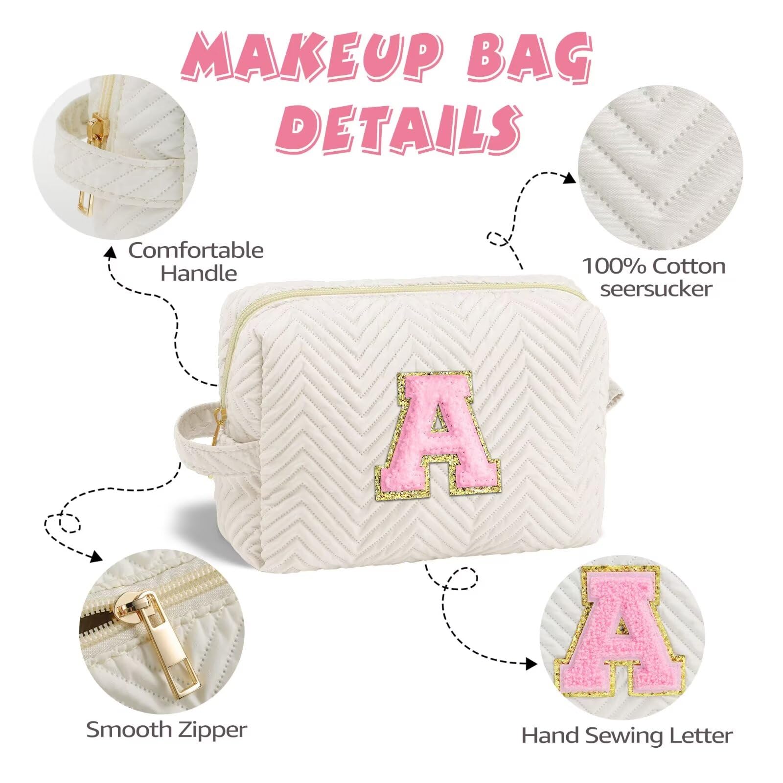 Personalized Initial Makeup Bag for Women & Girls - Cute Cosmetic Pouch Christmas Birthday Gift for Daughter, Sister, Mom & Friend - Great for Travel, School & Daily Makeup Storage
