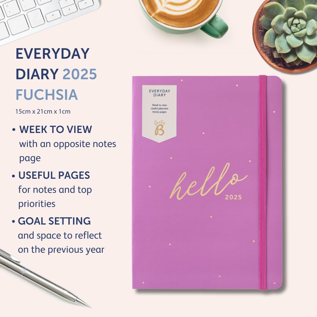 2025 Busy B A5 Weekly Planner - Compact Academic & Work Diary with Week-to-View Layout, Notes Pages & Elastic Closure | Perfect for Students, Teachers & Professionals | Fuchsia Planner (January-December) | Ideal for School Scheduling, Office Tasks & Daily Organization